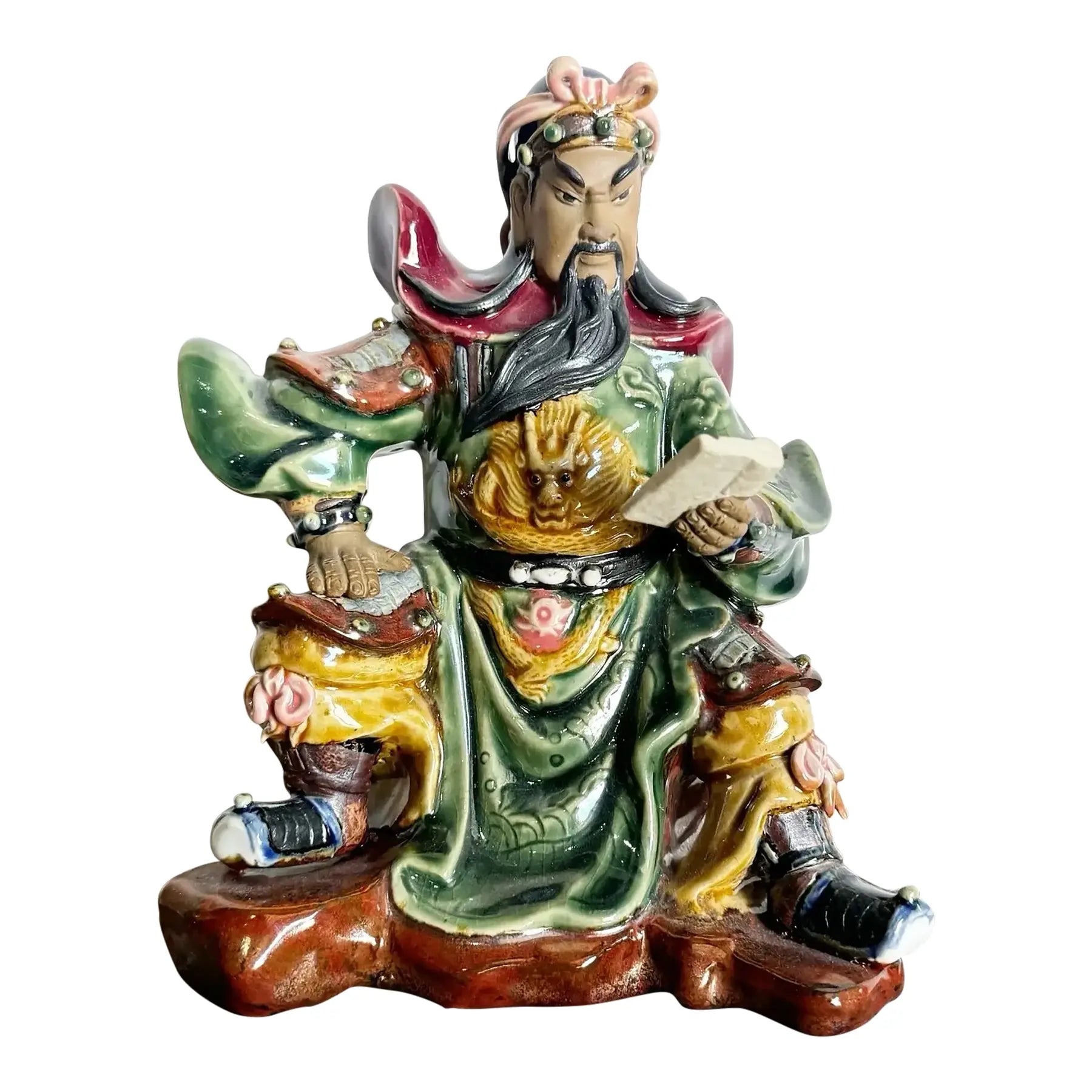 Vintage Hand Painted Guan Gong or Guan Yu Pottery Sculpture