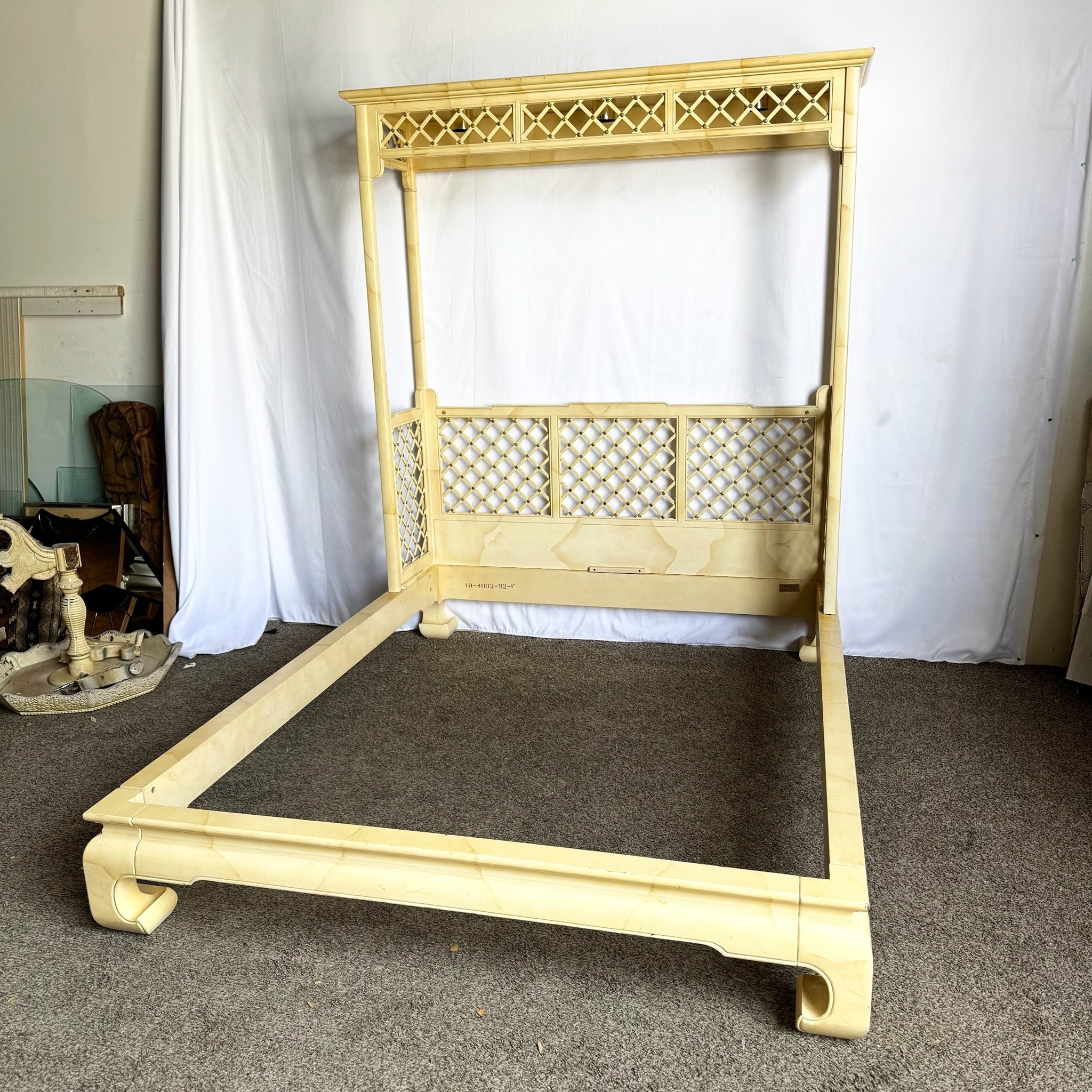 Vintage Henredon Faux Goatskin Cream Lacquered Queen Canopy Bed - Dolphin & Flamingo