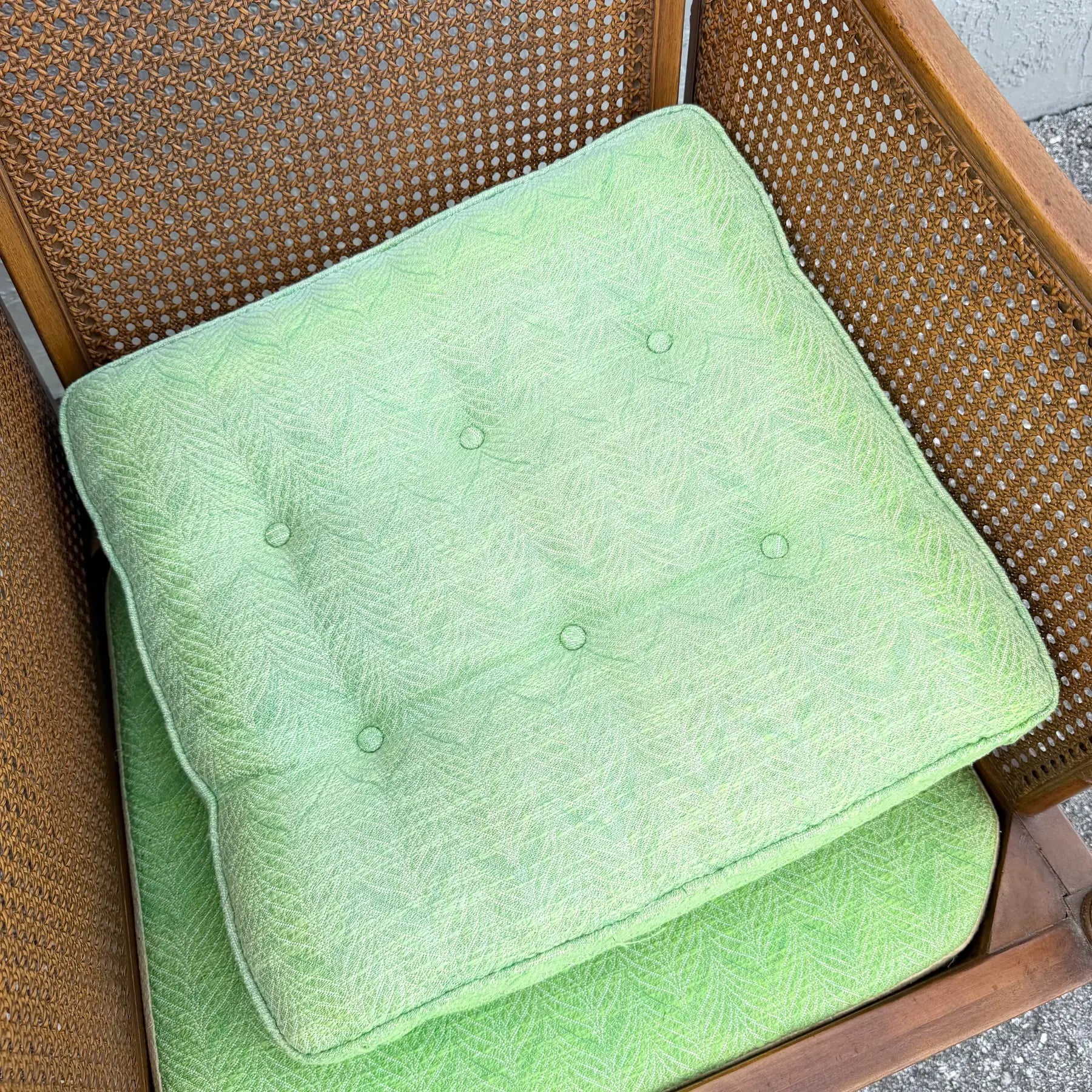 Vintage Hollywood Regency Faux Bamboo and Cane Green Tufted Lounge Chairs Dolphin & Flamingo