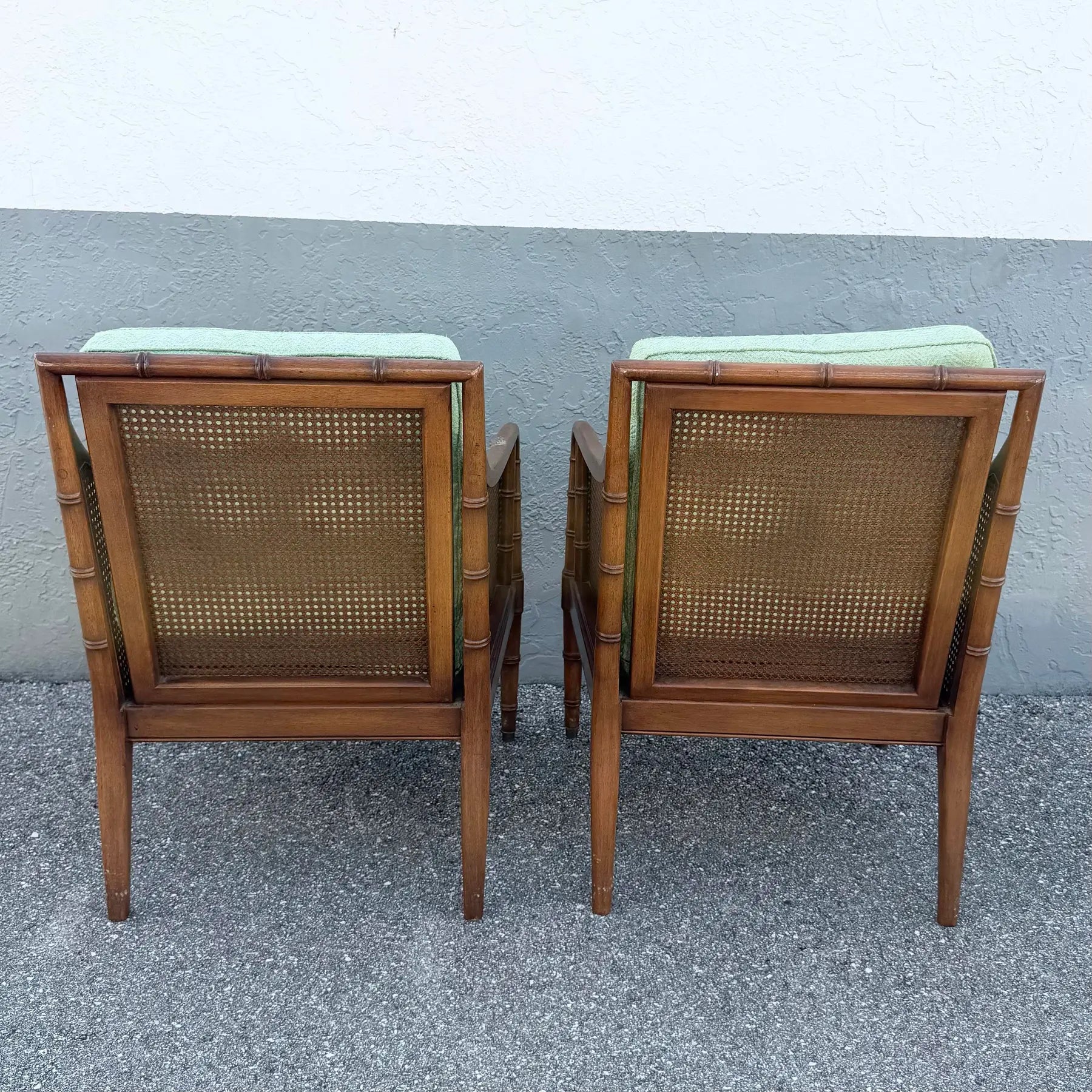 Vintage Hollywood Regency Faux Bamboo and Cane Green Tufted Lounge Chairs Dolphin & Flamingo