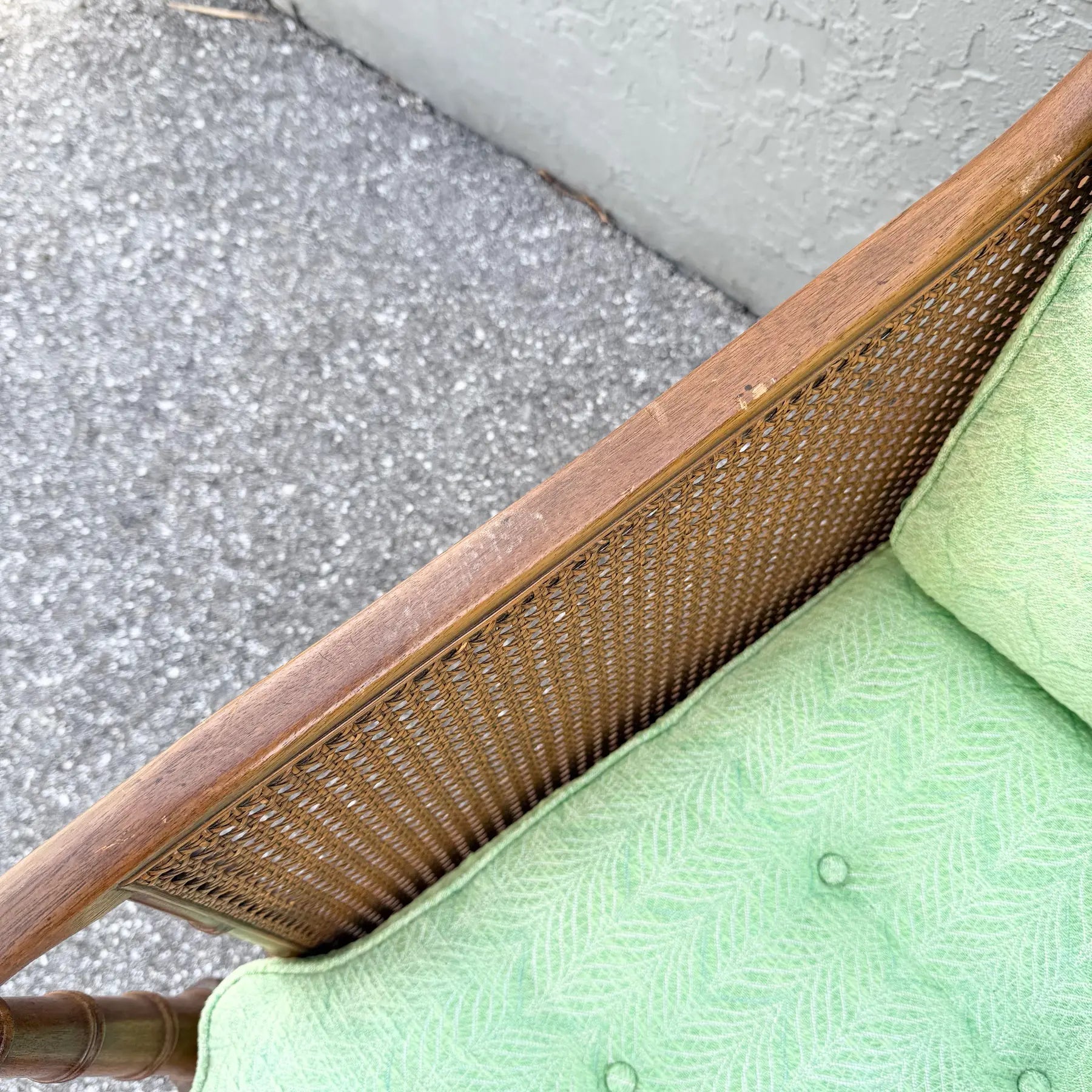 Vintage Hollywood Regency Faux Bamboo and Cane Green Tufted Lounge Chairs Dolphin & Flamingo