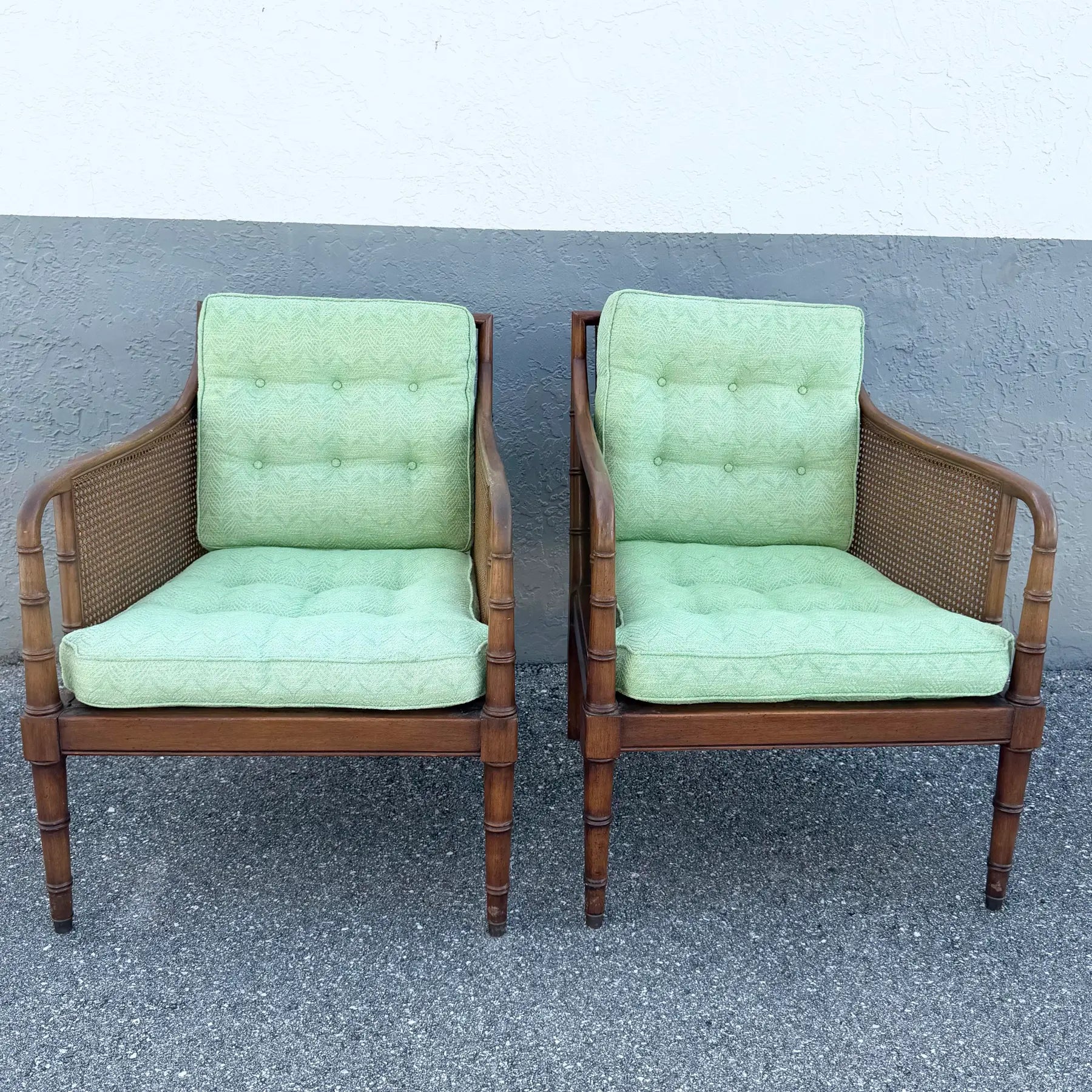 Vintage Hollywood Regency Faux Bamboo and Cane Green Tufted Lounge Chairs Dolphin & Flamingo