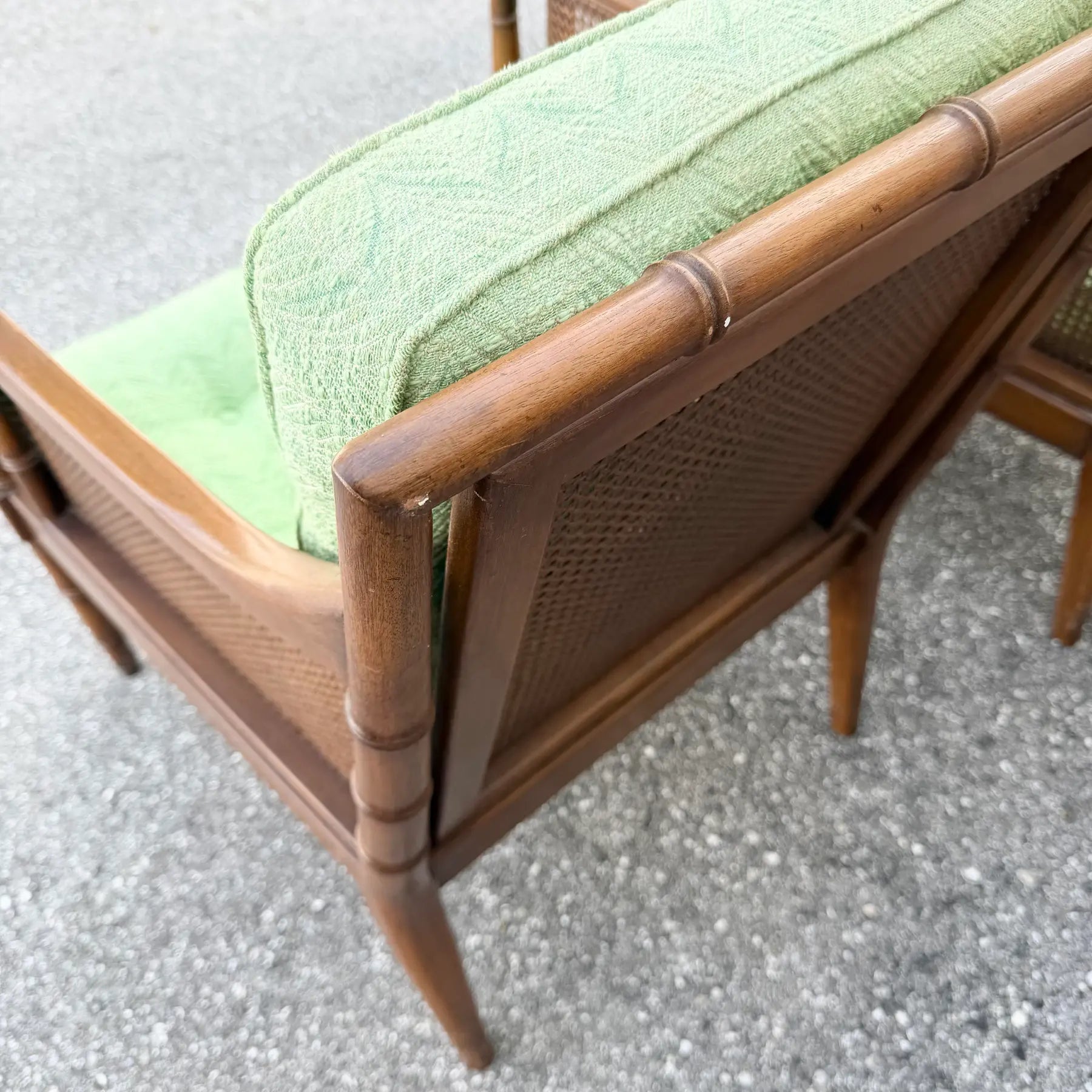 Vintage Hollywood Regency Faux Bamboo and Cane Green Tufted Lounge Chairs Dolphin & Flamingo