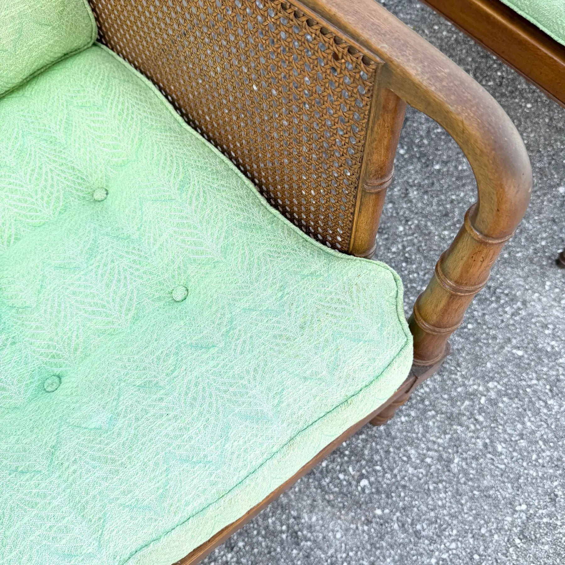 Vintage Hollywood Regency Faux Bamboo and Cane Green Tufted Lounge Chairs Dolphin & Flamingo