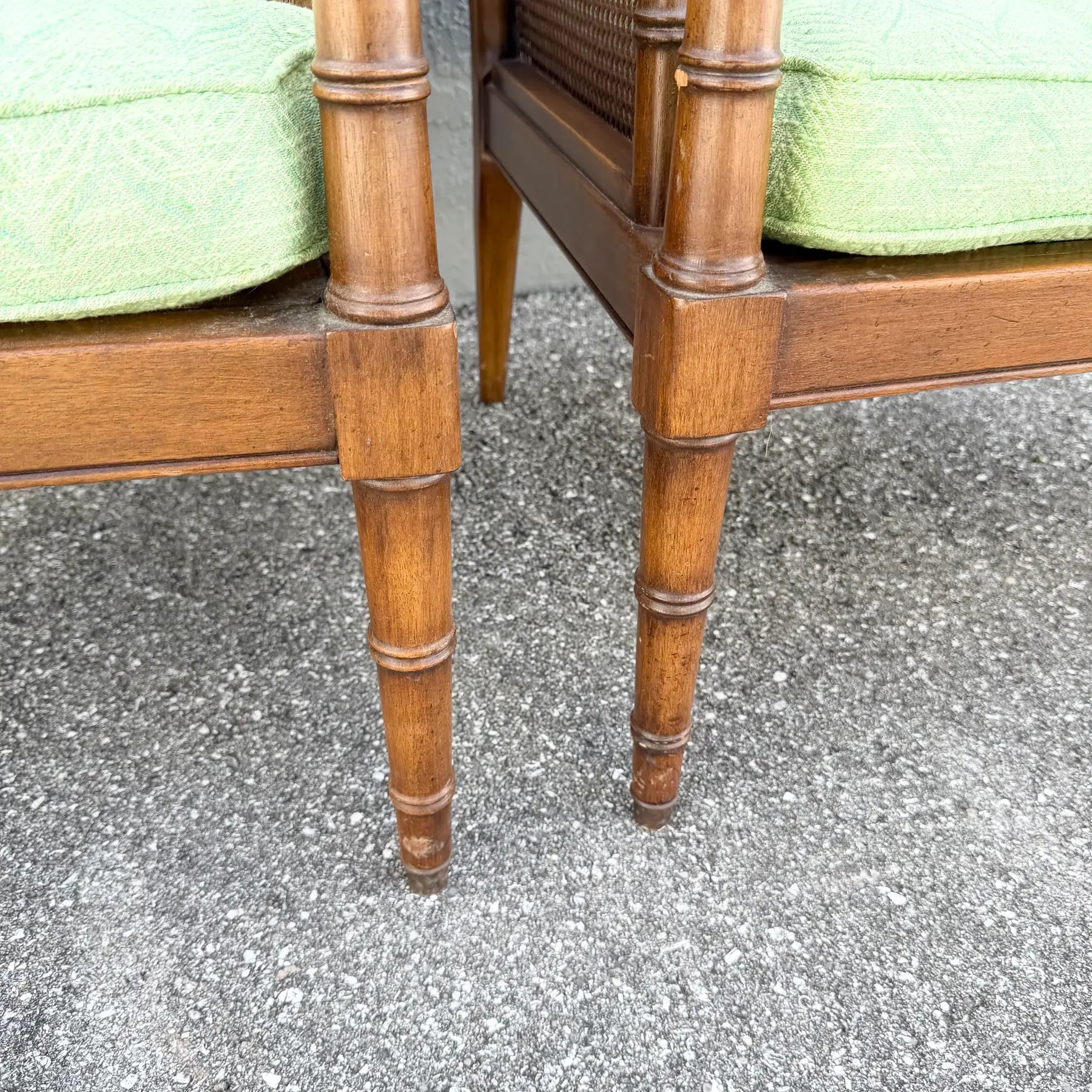 Vintage Hollywood Regency Faux Bamboo and Cane Green Tufted Lounge Chairs Dolphin & Flamingo