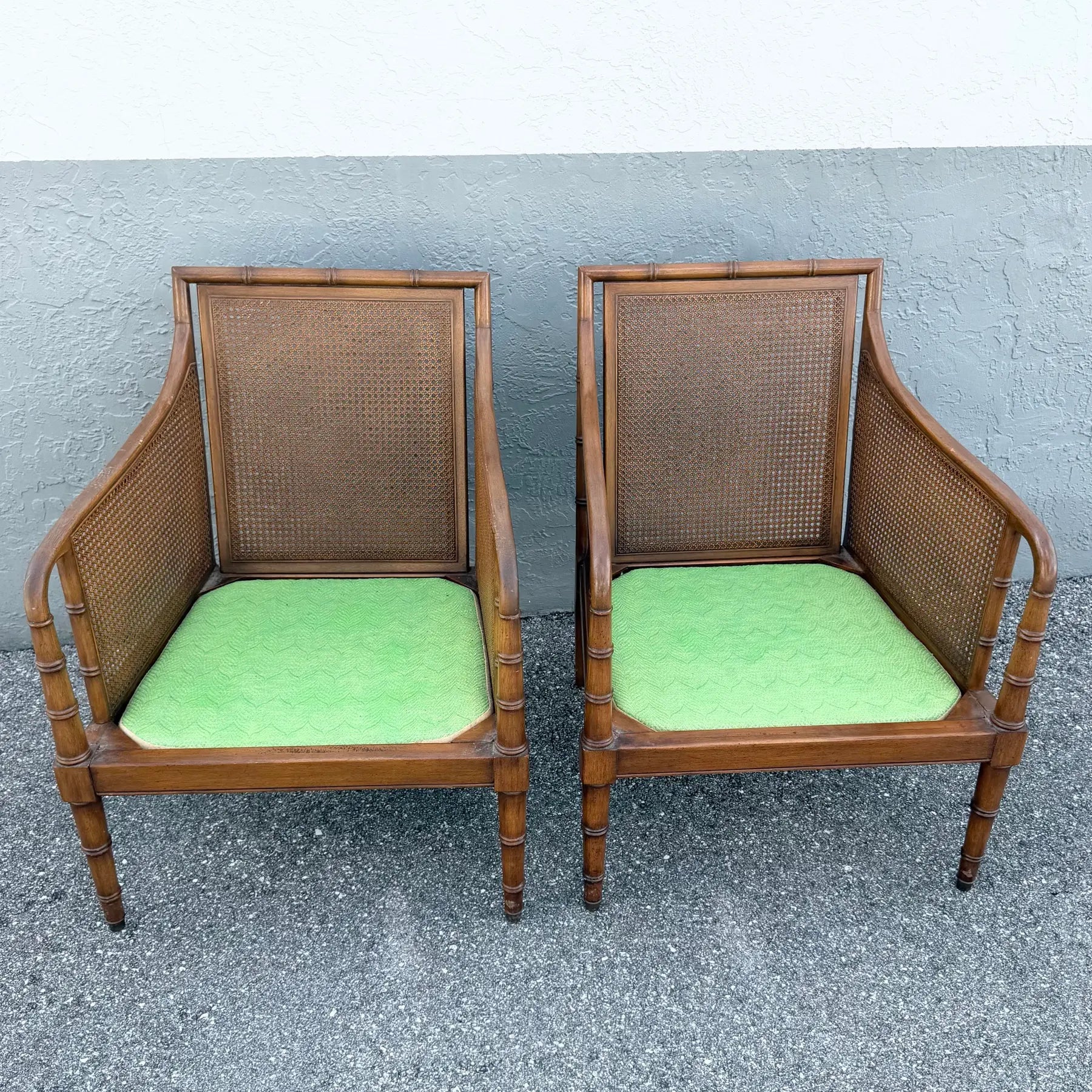 Vintage Hollywood Regency Faux Bamboo and Cane Green Tufted Lounge Chairs Dolphin & Flamingo