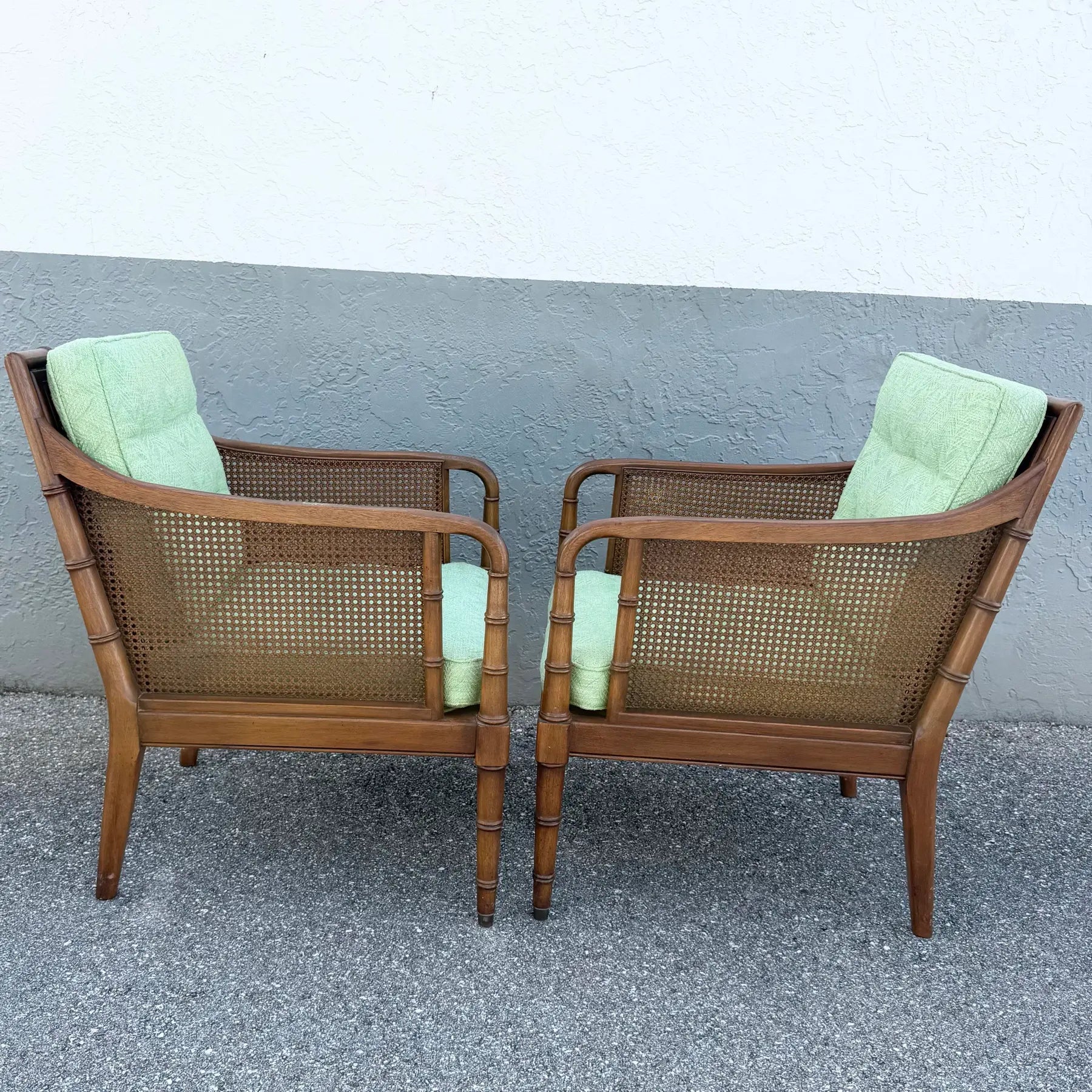 Vintage Hollywood Regency Faux Bamboo and Cane Green Tufted Lounge Chairs Dolphin & Flamingo