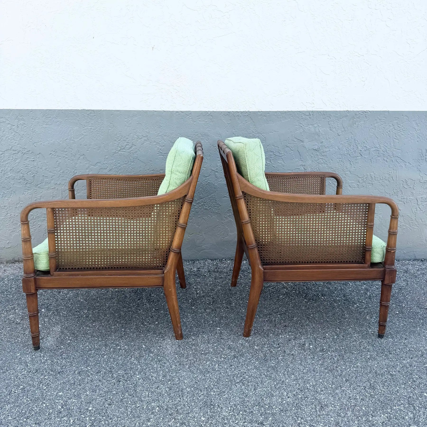 Vintage Hollywood Regency Faux Bamboo and Cane Green Tufted Lounge Chairs Dolphin & Flamingo