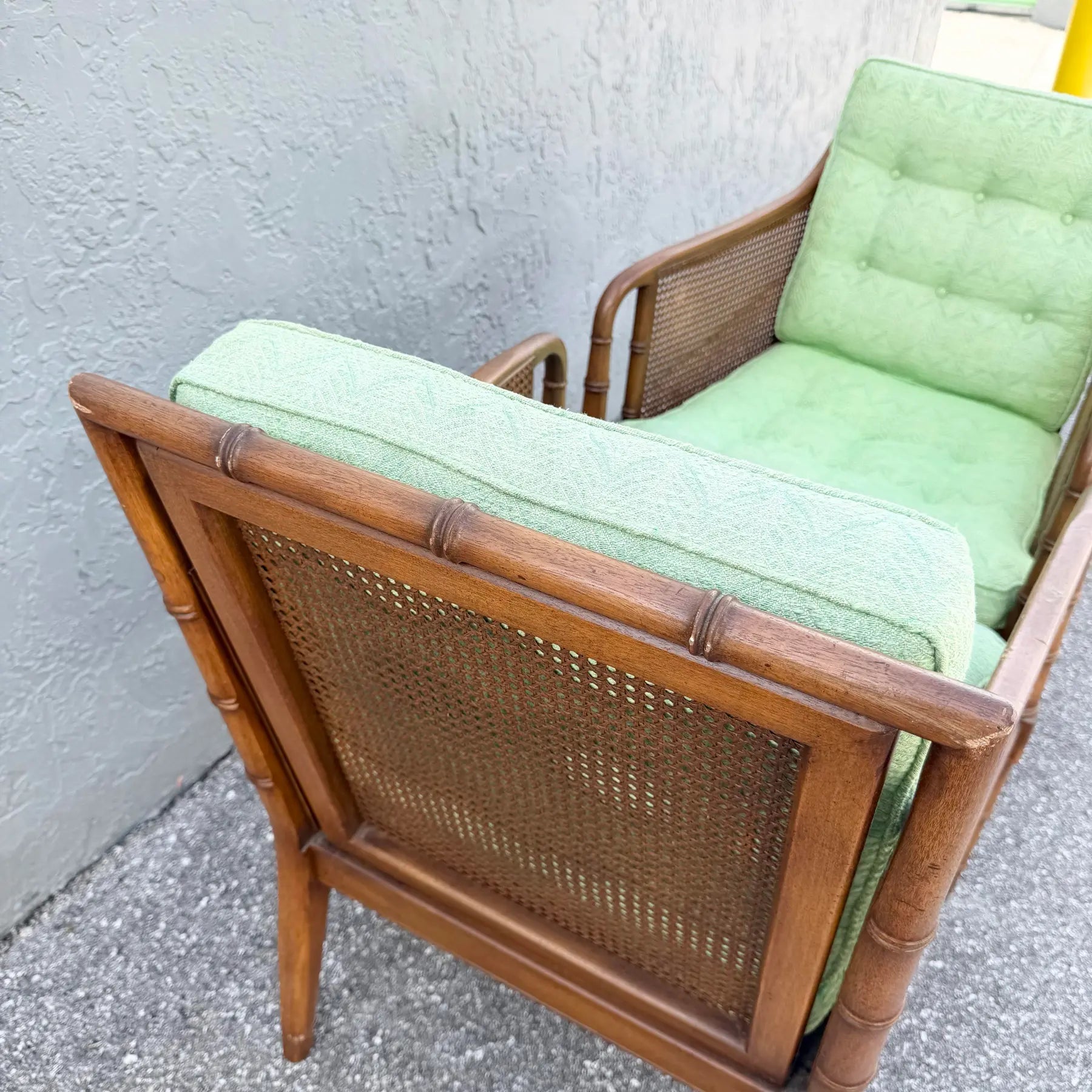 Vintage Hollywood Regency Faux Bamboo and Cane Green Tufted Lounge Chairs Dolphin & Flamingo