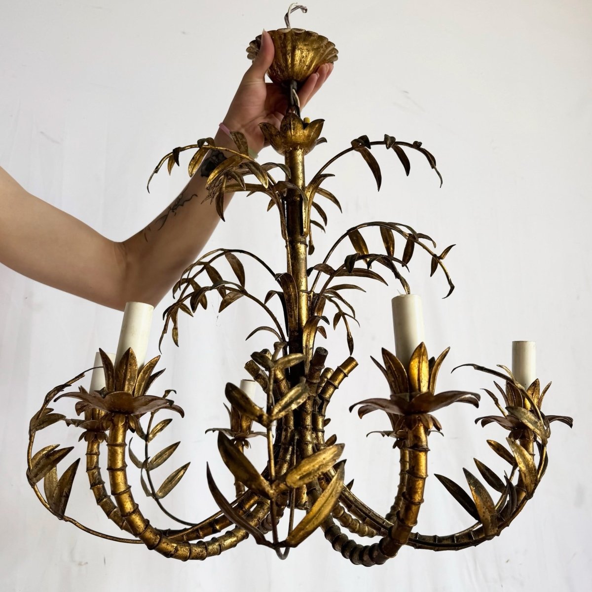 Vintage Hollywood Regency Gilt Faux Bamboo Metal Chandelier - Dolphin & Flamingo