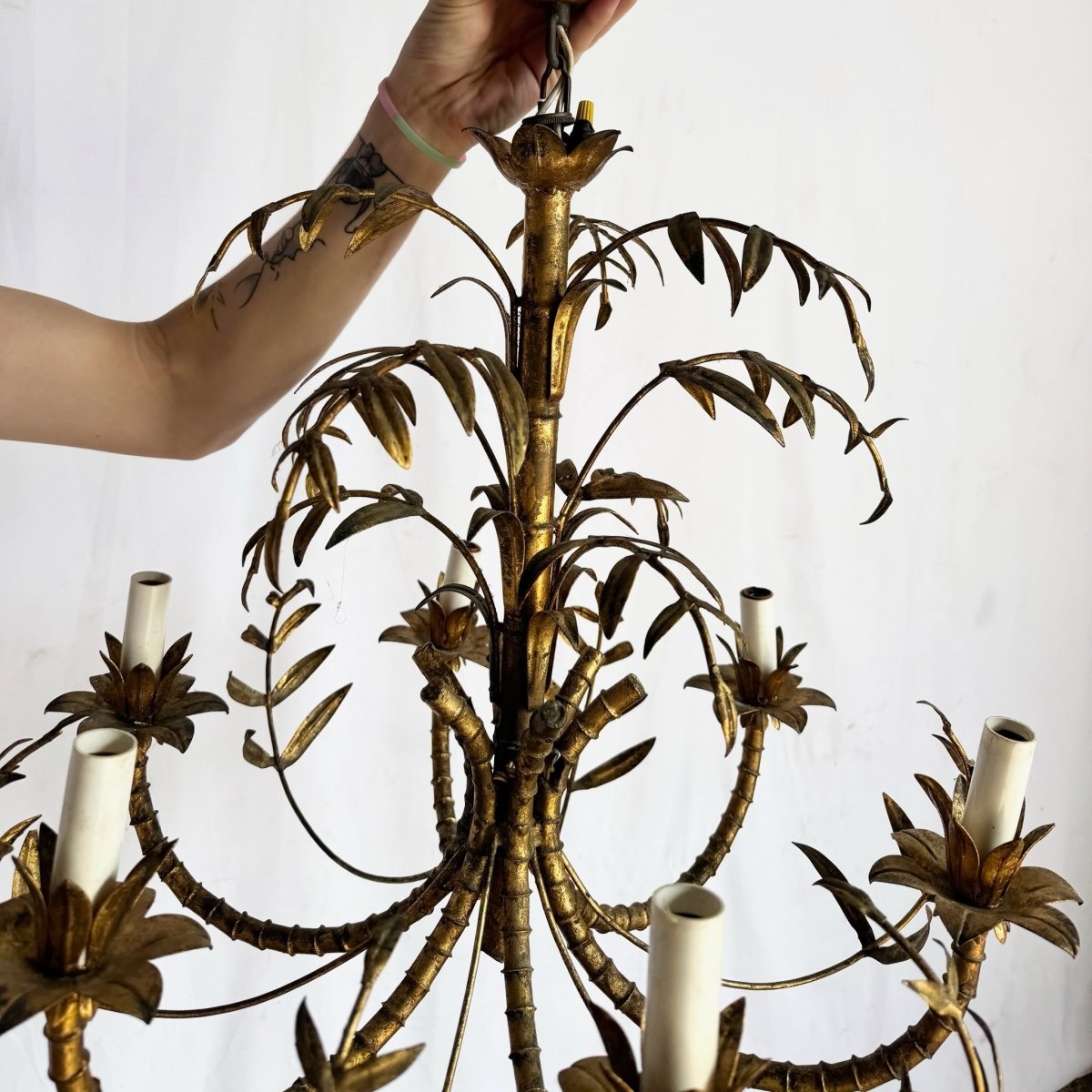 Vintage Hollywood Regency Gilt Faux Bamboo Metal Chandelier - Dolphin & Flamingo