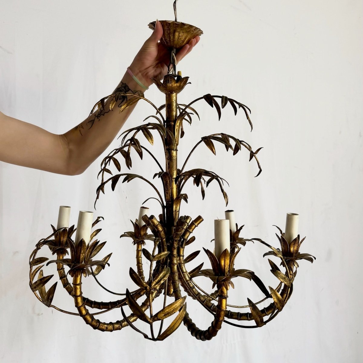 Vintage Hollywood Regency Gilt Faux Bamboo Metal Chandelier - Dolphin & Flamingo