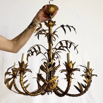 Vintage Hollywood Regency Gilt Faux Bamboo Metal Chandelier - Dolphin & Flamingo