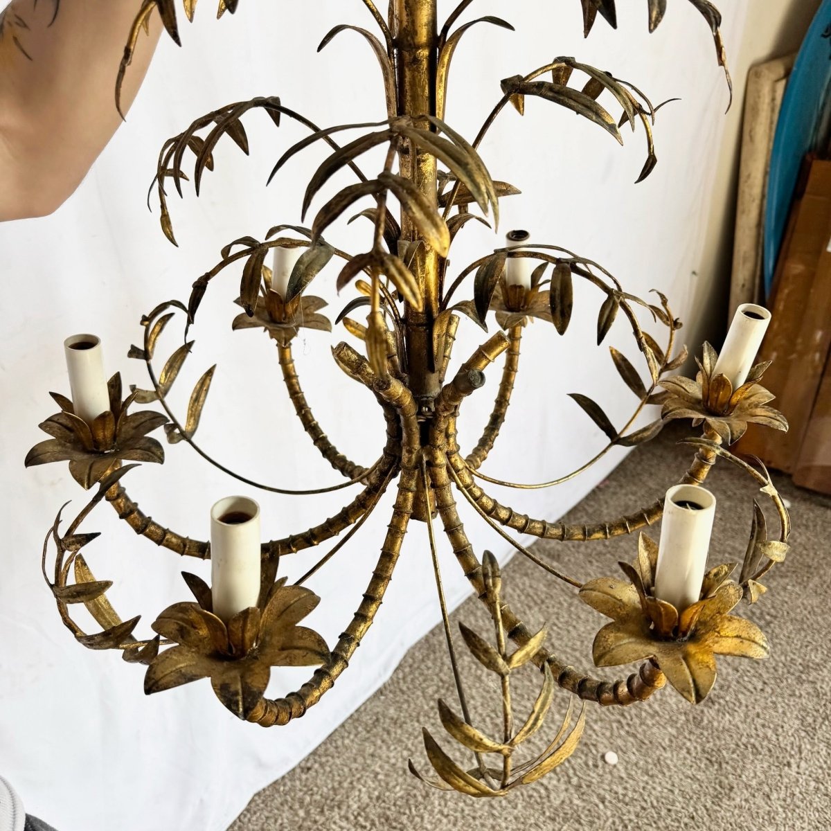 Vintage Hollywood Regency Gilt Faux Bamboo Metal Chandelier - Dolphin & Flamingo