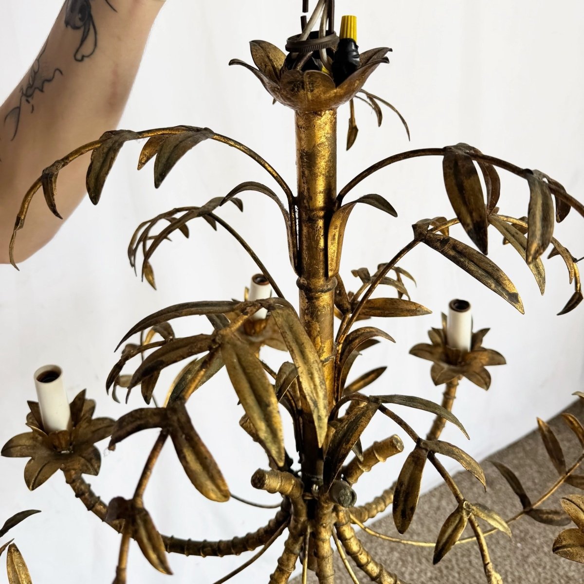 Vintage Hollywood Regency Gilt Faux Bamboo Metal Chandelier - Dolphin & Flamingo