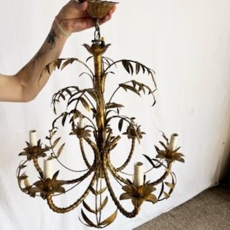 Vintage Hollywood Regency Gilt Faux Bamboo Metal Chandelier - Dolphin & Flamingo