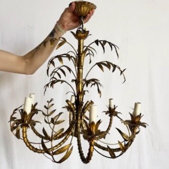 Vintage Hollywood Regency Gilt Faux Bamboo Metal Chandelier - Dolphin & Flamingo