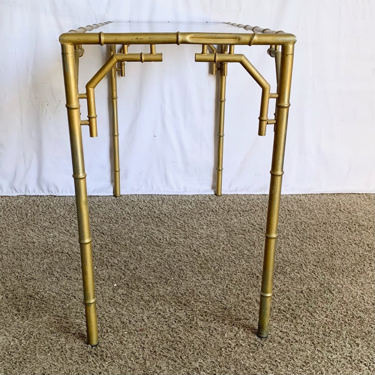 Vintage Hollywood Regency Metal Faux Bamboo Smoked Glass Console Table - Dolphin & Flamingo