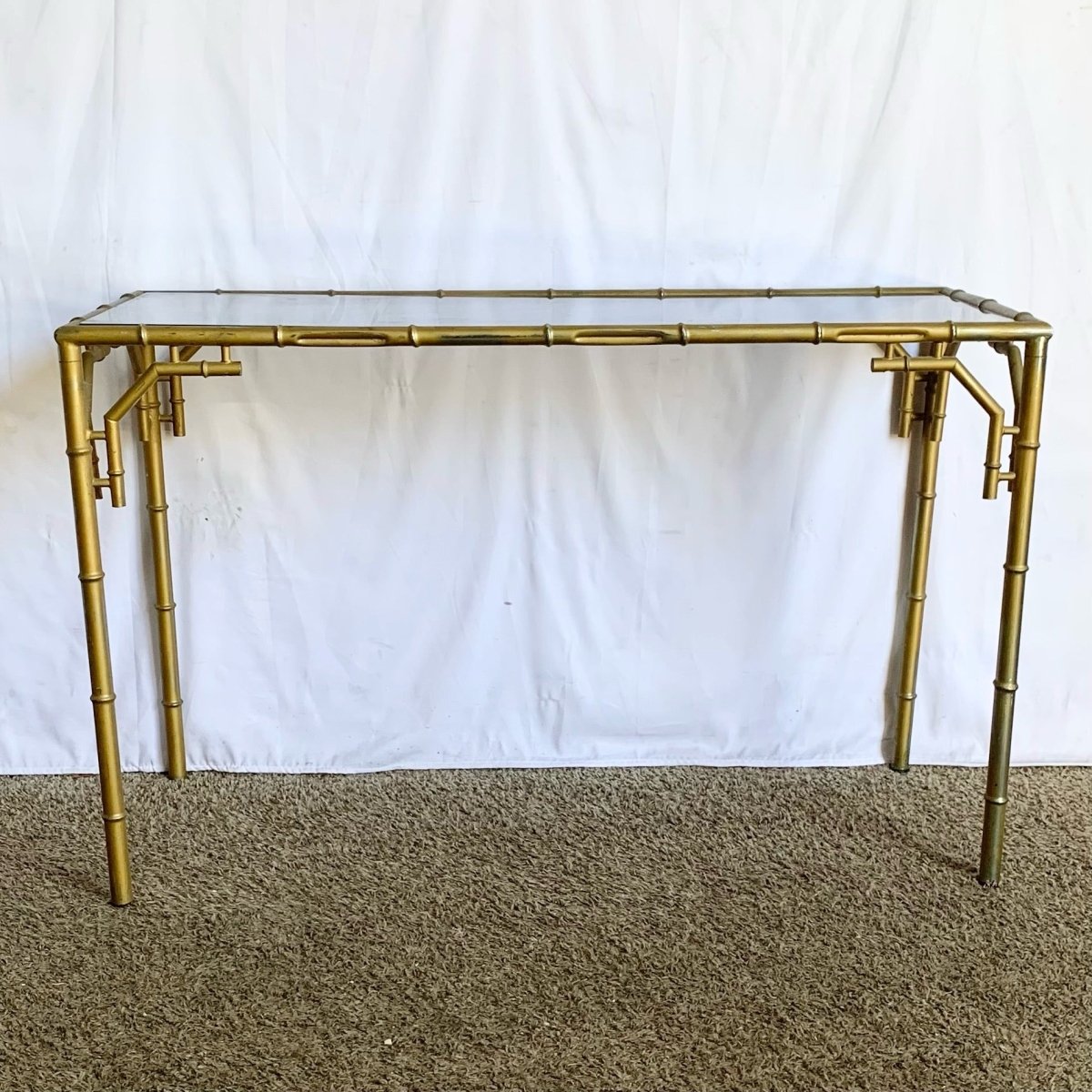 Vintage Hollywood Regency Metal Faux Bamboo Smoked Glass Console Table - Dolphin & Flamingo
