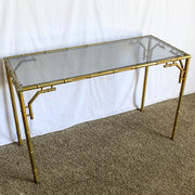 Vintage Hollywood Regency Metal Faux Bamboo Smoked Glass Console Table - Dolphin & Flamingo