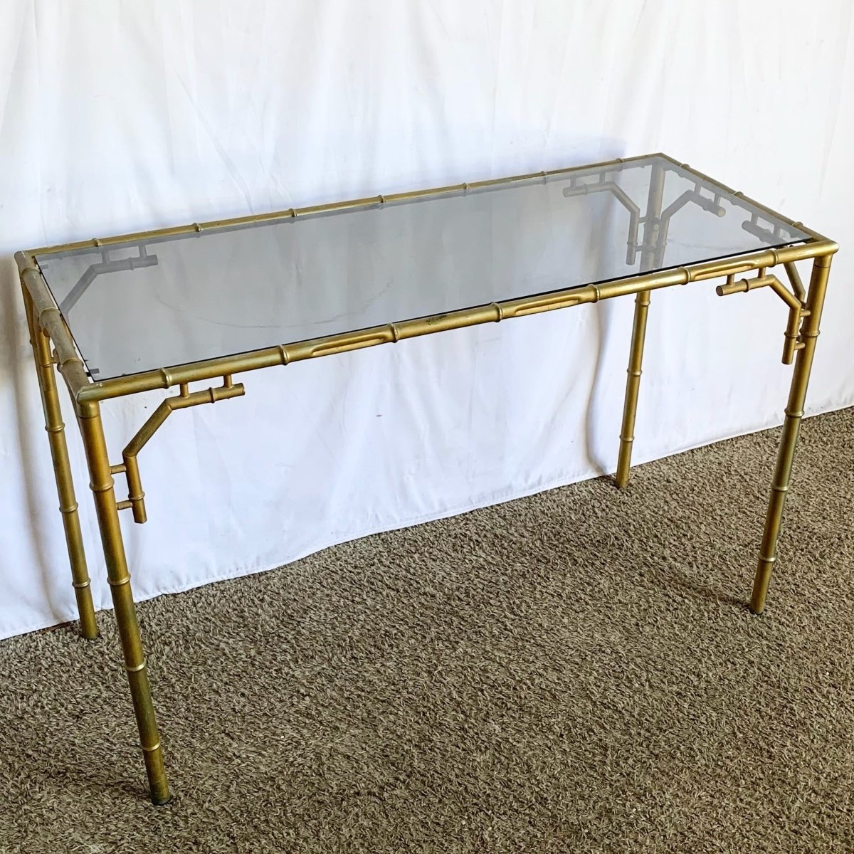 Vintage Hollywood Regency Metal Faux Bamboo Smoked Glass Console Table - Dolphin & Flamingo