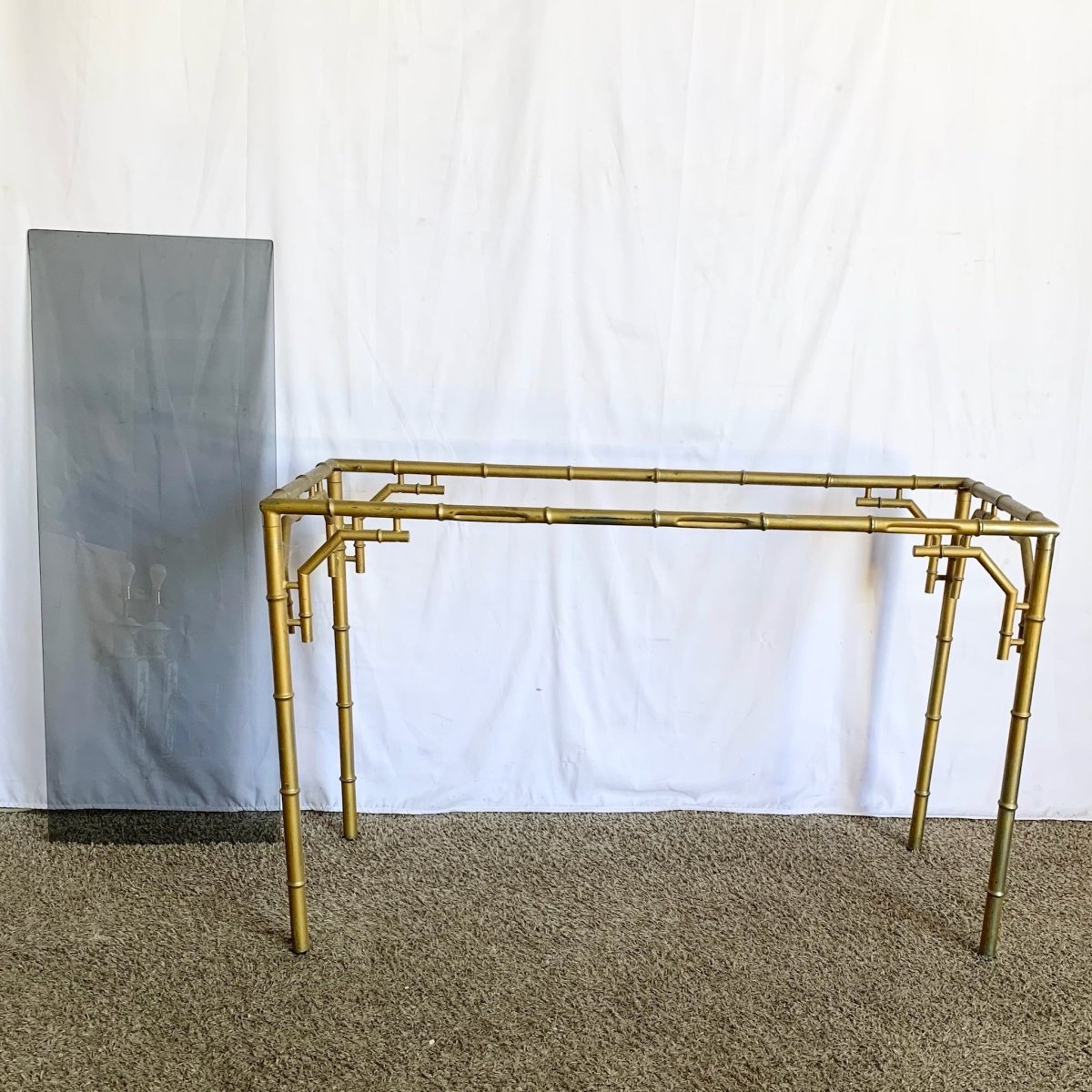 Vintage Hollywood Regency Metal Faux Bamboo Smoked Glass Console Table - Dolphin & Flamingo