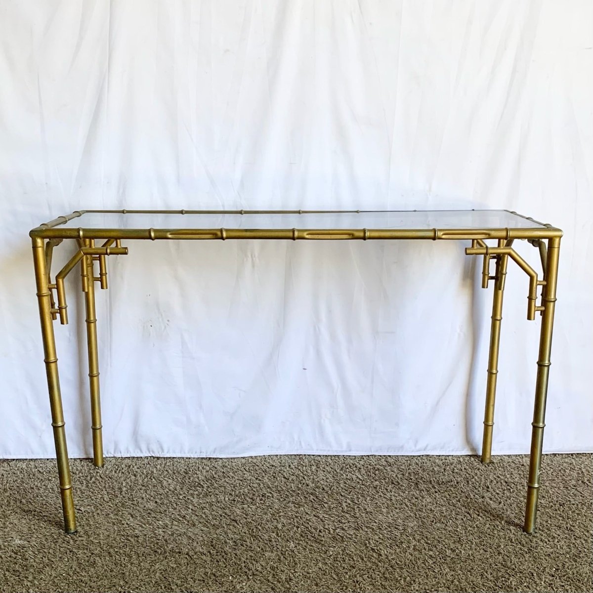Vintage Hollywood Regency Metal Faux Bamboo Smoked Glass Console Table - Dolphin & Flamingo