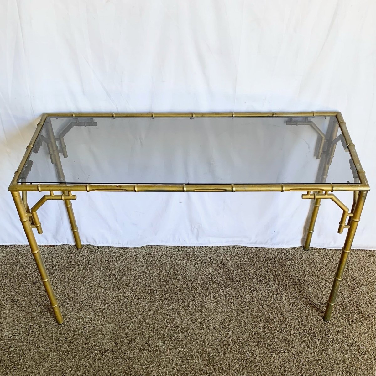 Vintage Hollywood Regency Metal Faux Bamboo Smoked Glass Console Table - Dolphin & Flamingo