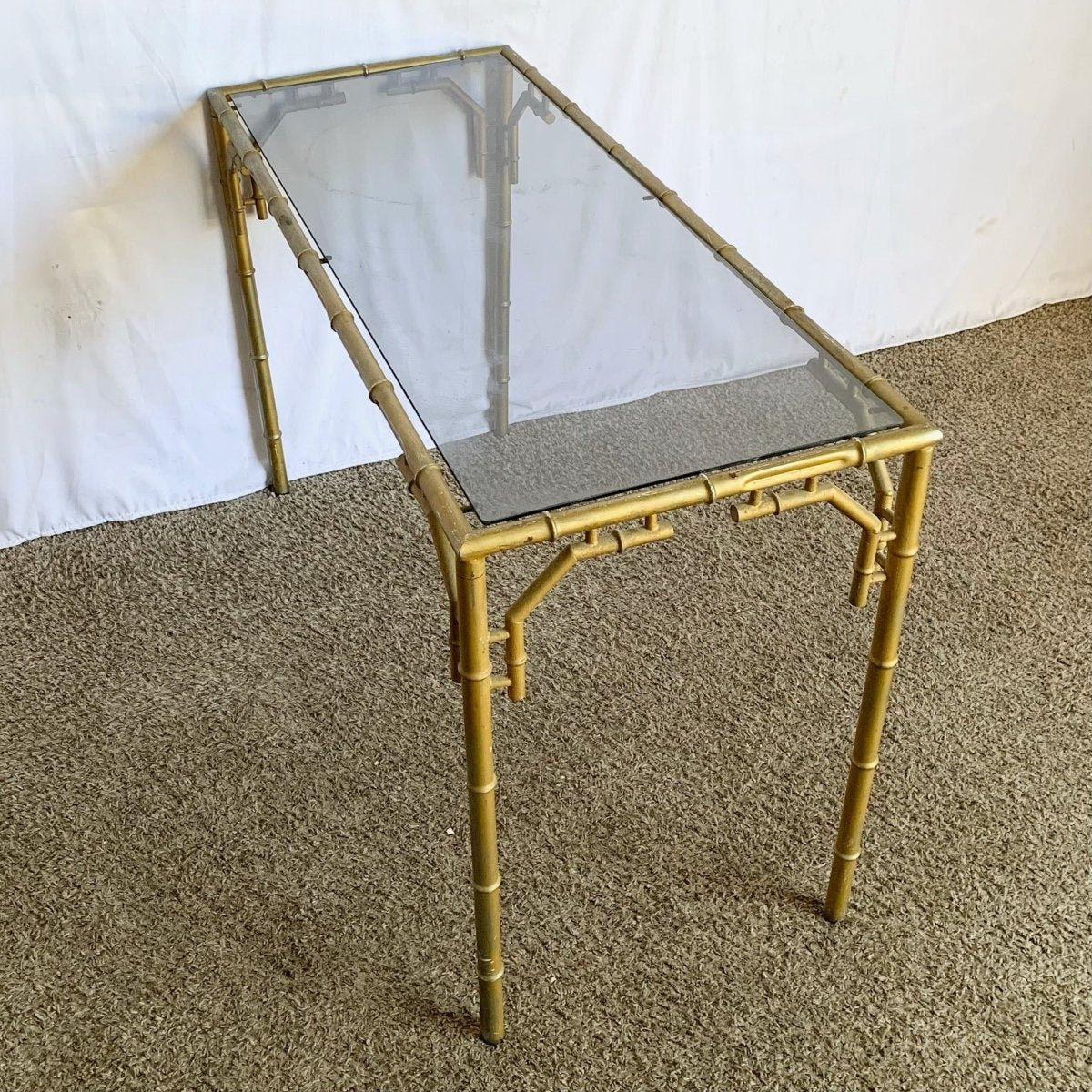 Vintage Hollywood Regency Metal Faux Bamboo Smoked Glass Console Table - Dolphin & Flamingo