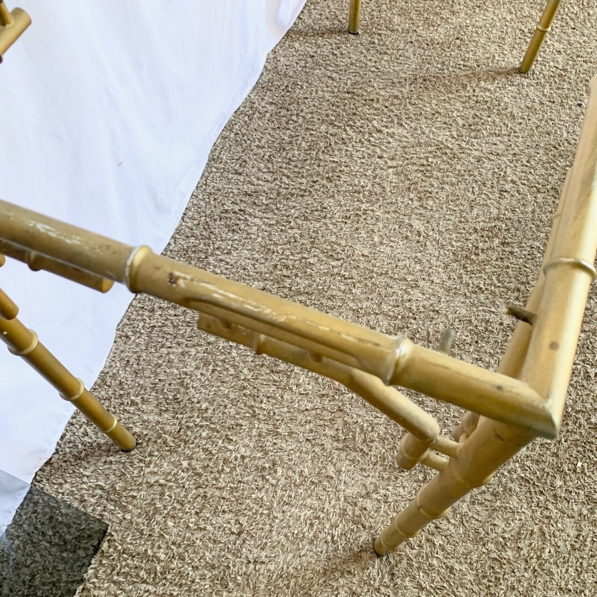 Vintage Hollywood Regency Metal Faux Bamboo Smoked Glass Console Table - Dolphin & Flamingo