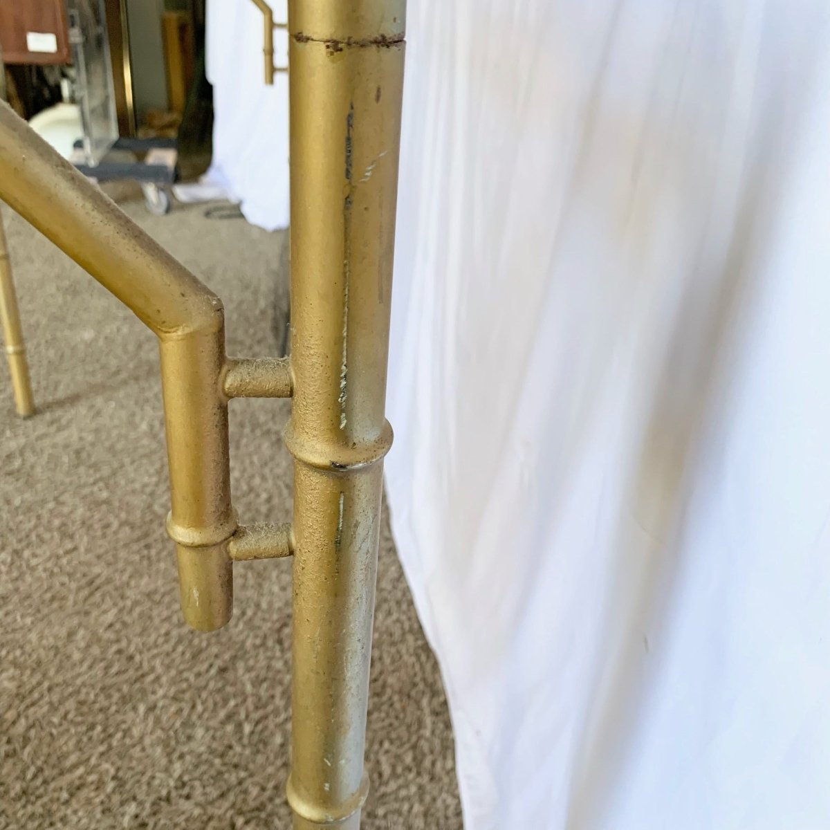 Vintage Hollywood Regency Metal Faux Bamboo Smoked Glass Console Table - Dolphin & Flamingo