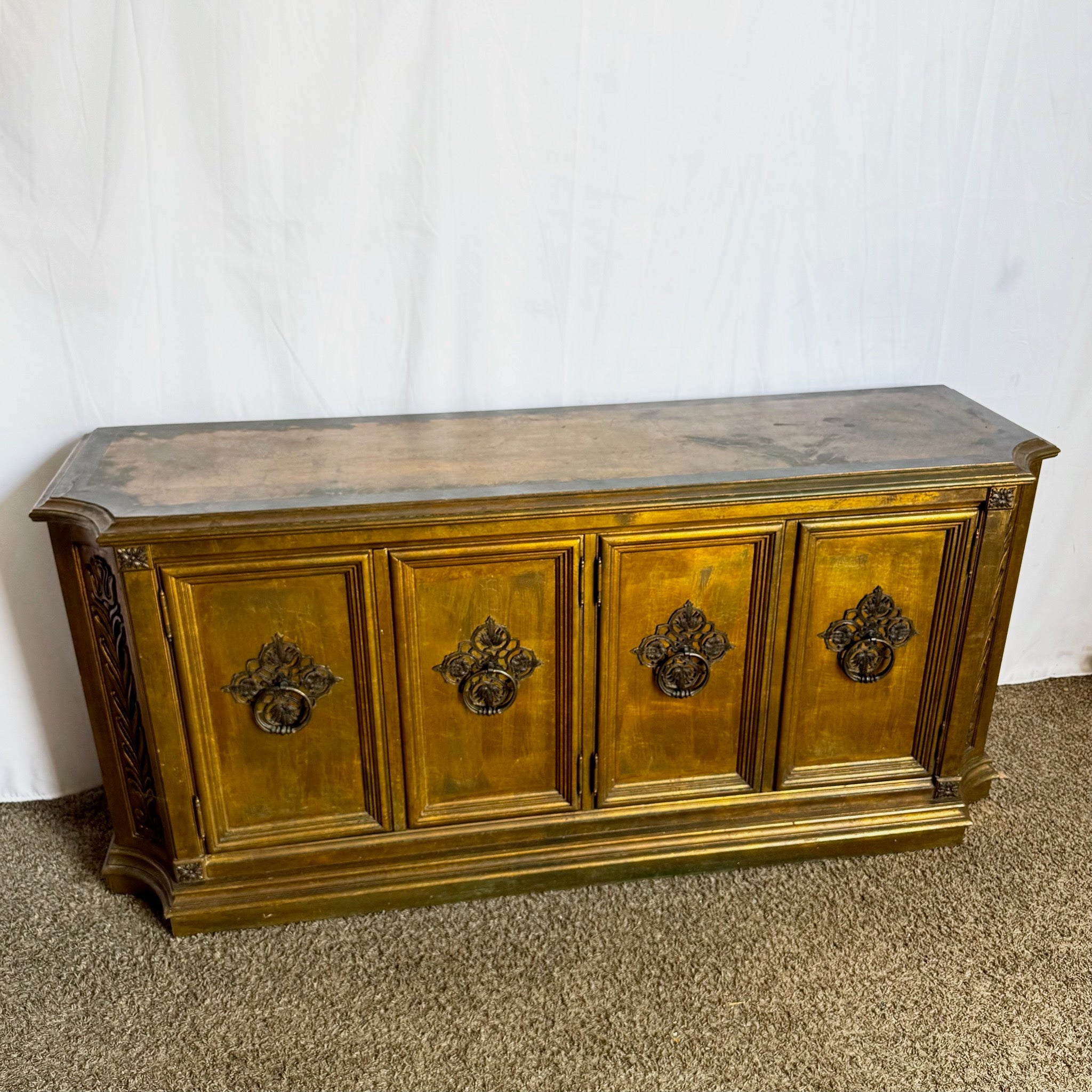 Vintage Hollywood Regency Pained Gold Credenza/Sideboard - Dolphin & Flamingo