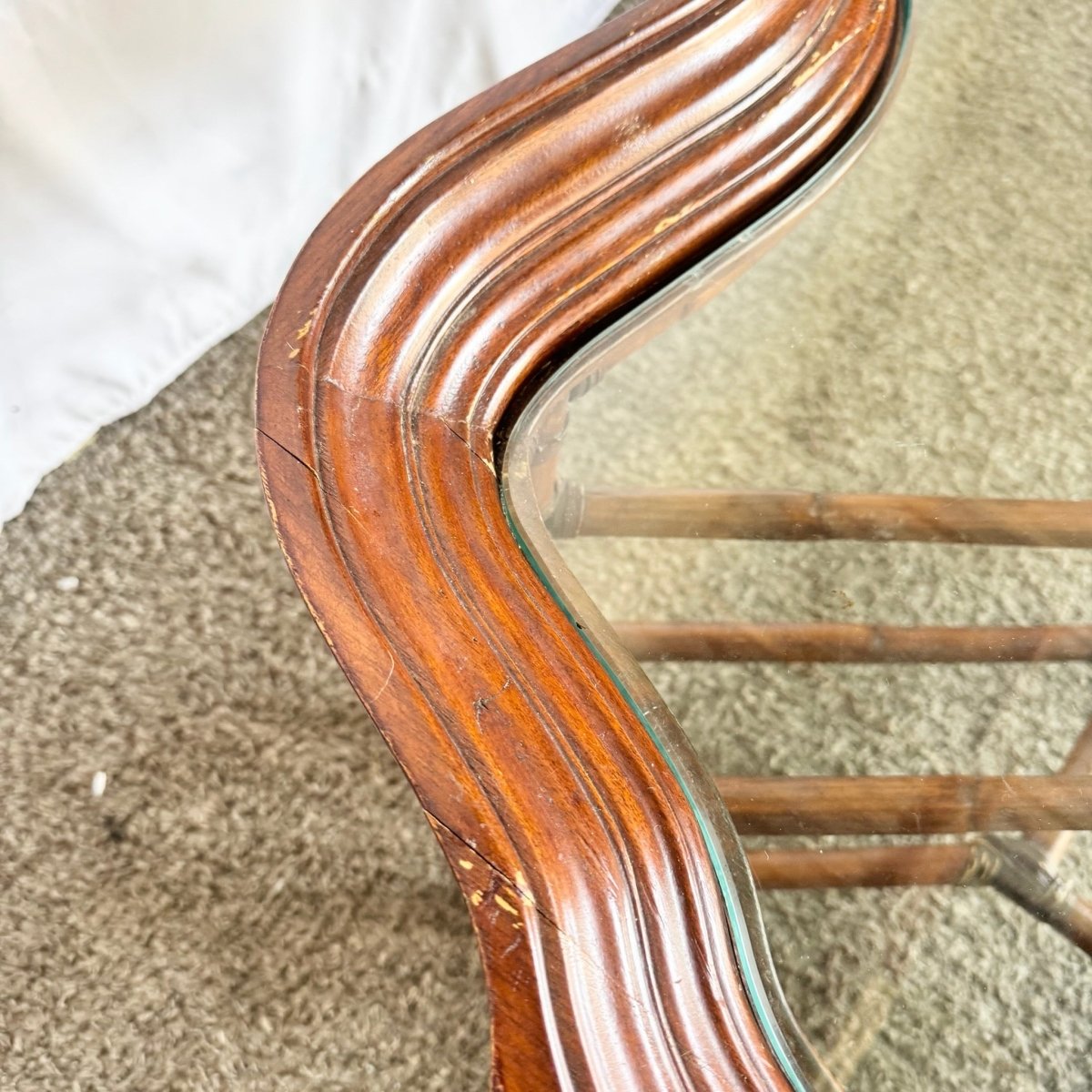 Vintage Hollywood Regency Rattan and Wood Glass Top Coffee Table - Dolphin & Flamingo