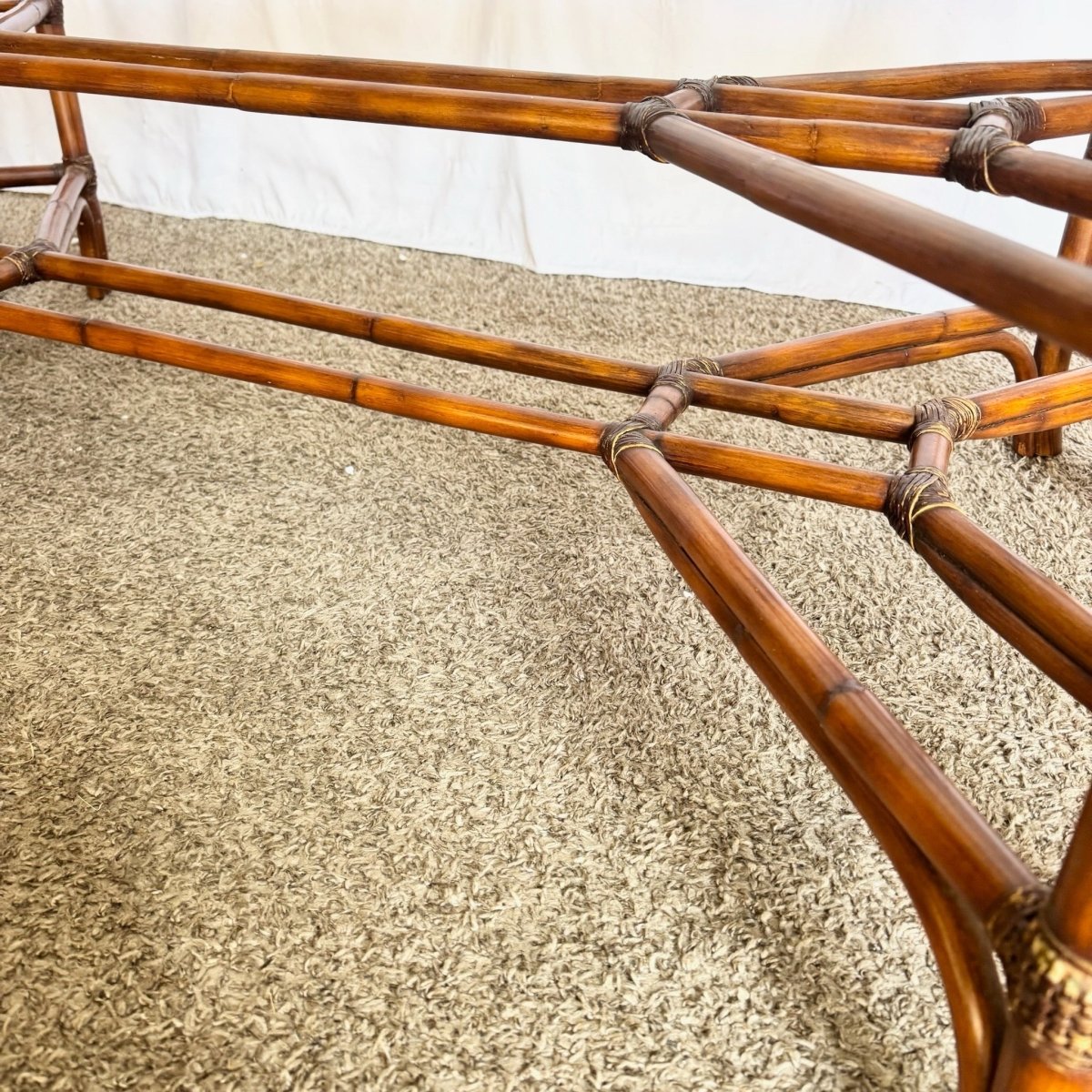 Vintage Hollywood Regency Rattan and Wood Glass Top Coffee Table - Dolphin & Flamingo