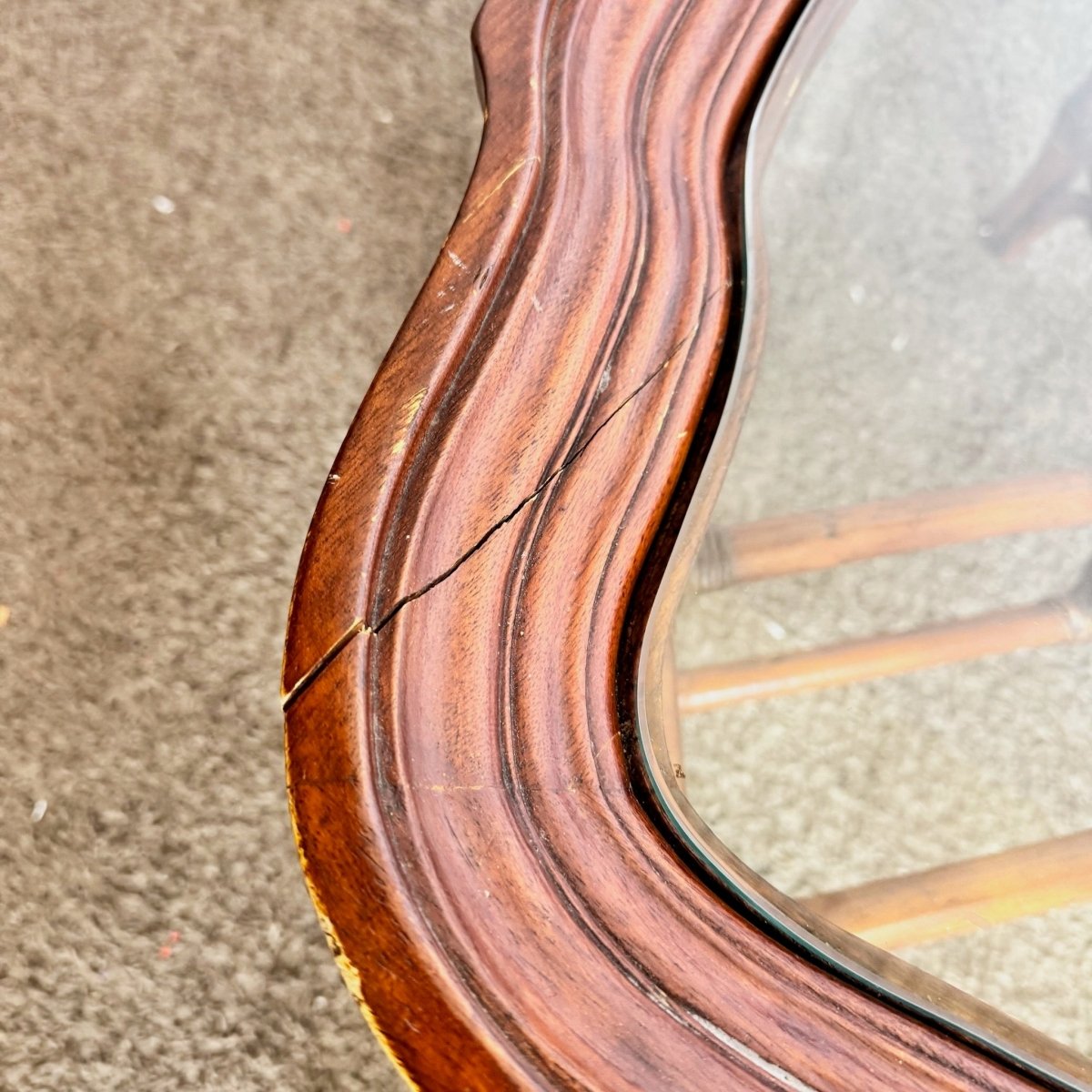 Vintage Hollywood Regency Rattan and Wood Glass Top Coffee Table - Dolphin & Flamingo