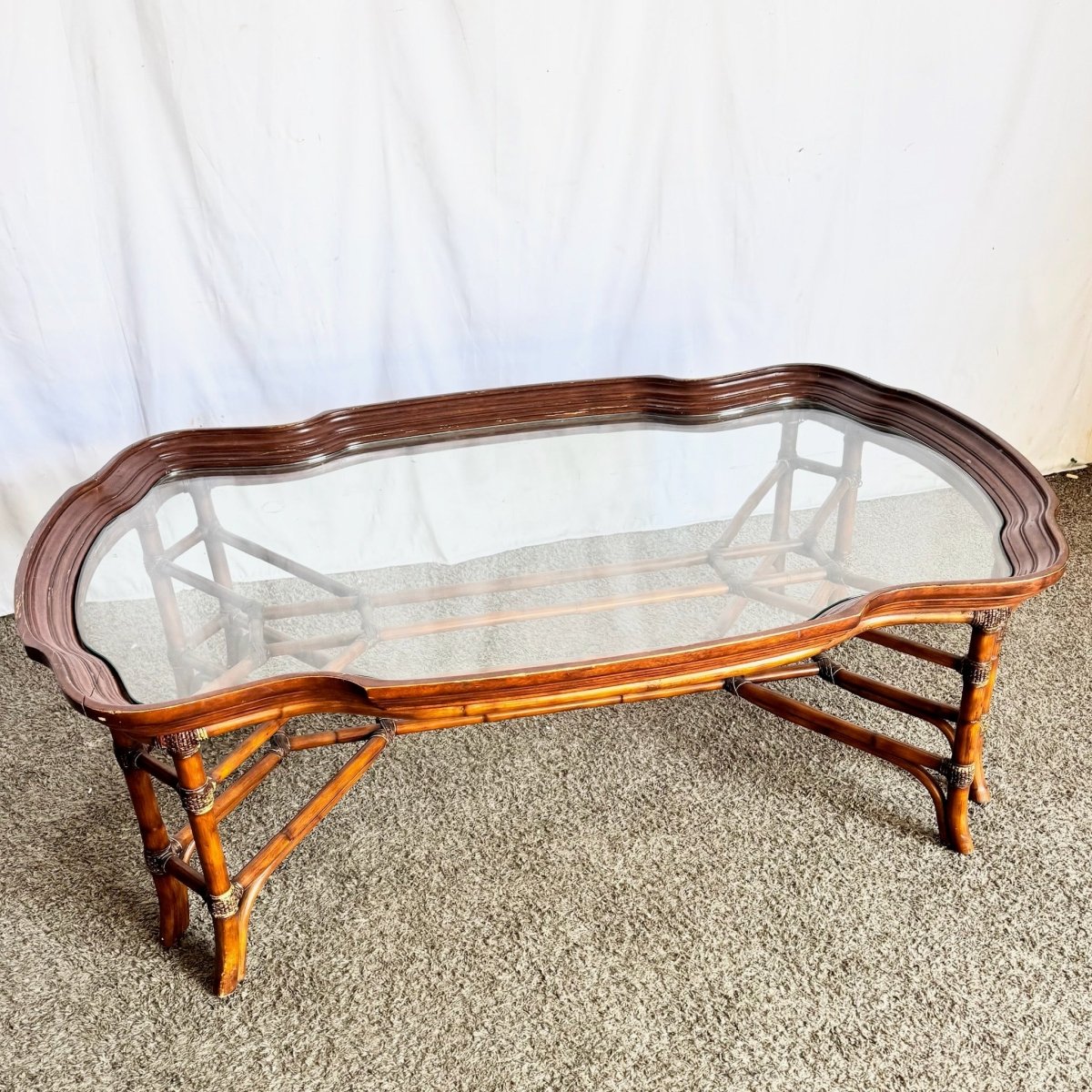 Vintage Hollywood Regency Rattan and Wood Glass Top Coffee Table - Dolphin & Flamingo