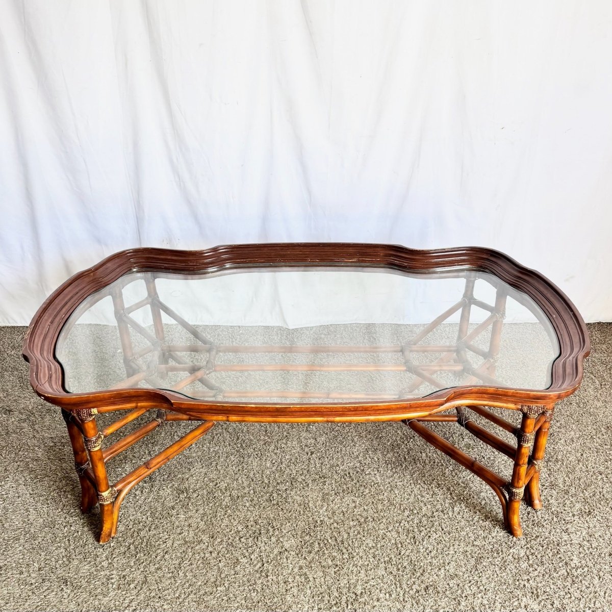 Vintage Hollywood Regency Rattan and Wood Glass Top Coffee Table - Dolphin & Flamingo
