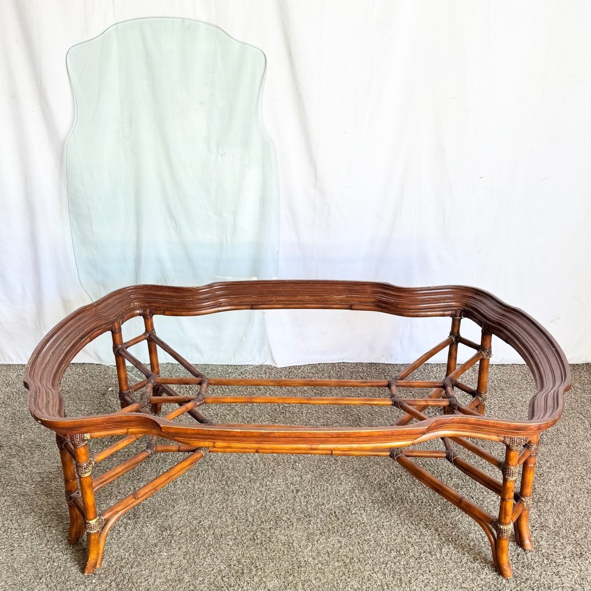 Vintage Hollywood Regency Rattan and Wood Glass Top Coffee Table - Dolphin & Flamingo
