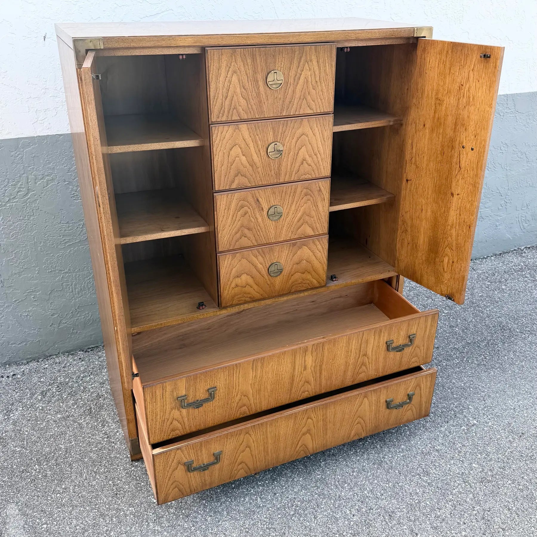 Vintage Huntley Campaign Highboy Dresser by Thomasville Dolphin & Flamingo