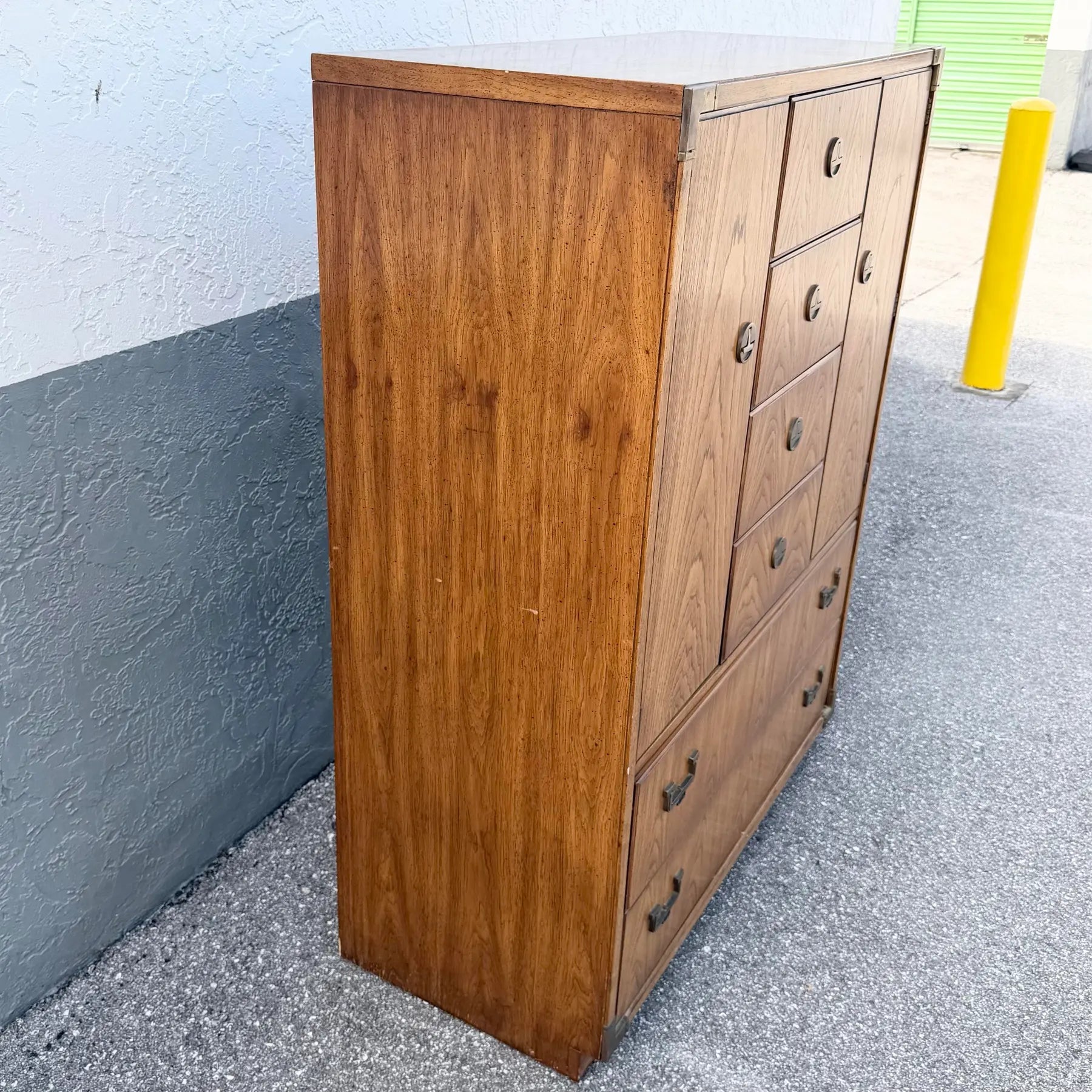 Vintage Huntley Campaign Highboy Dresser by Thomasville Dolphin & Flamingo