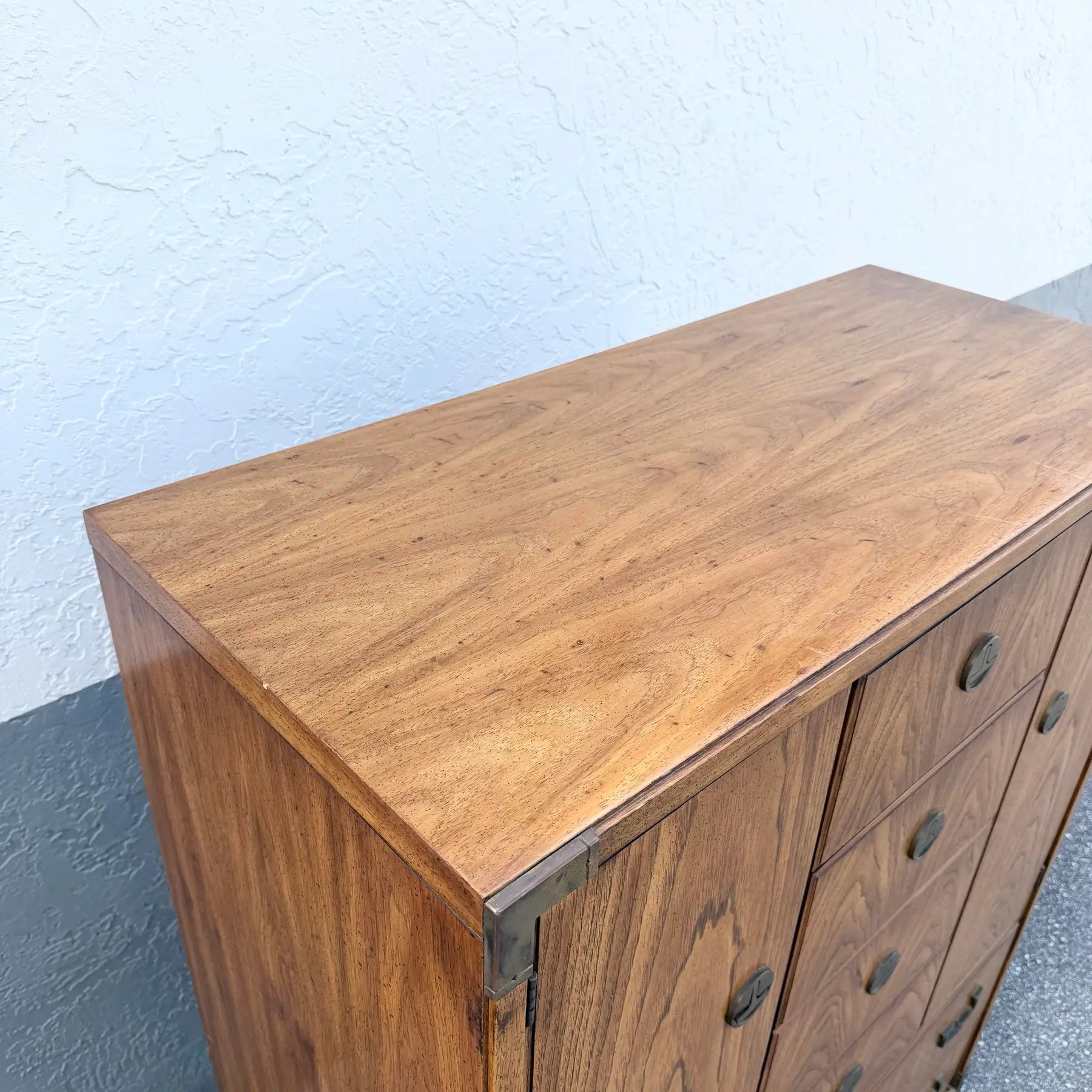 Vintage Huntley Campaign Highboy Dresser by Thomasville Dolphin & Flamingo