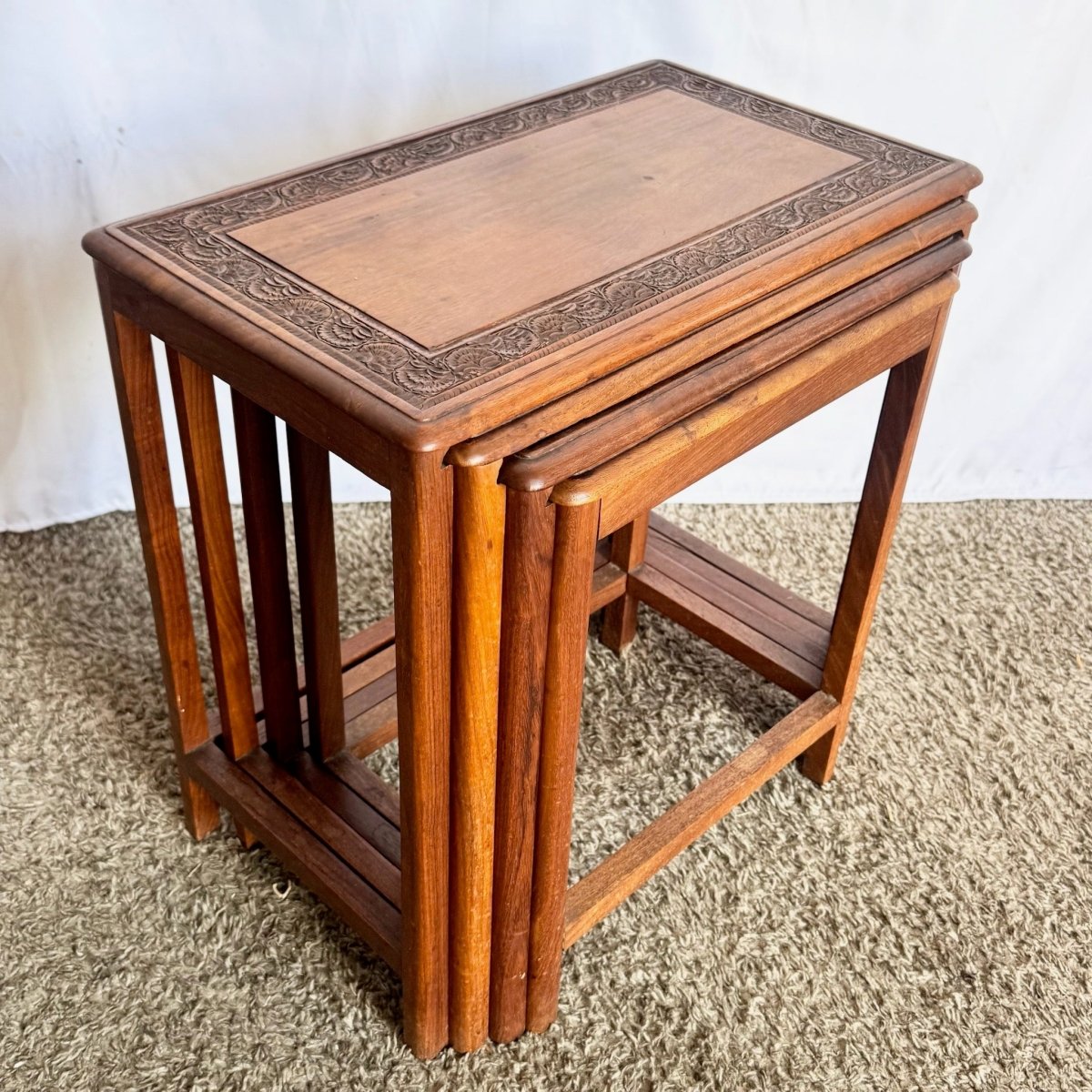 Vintage Indian Carved Hardwood Nesting Tables - Set of 4 - Dolphin & Flamingo