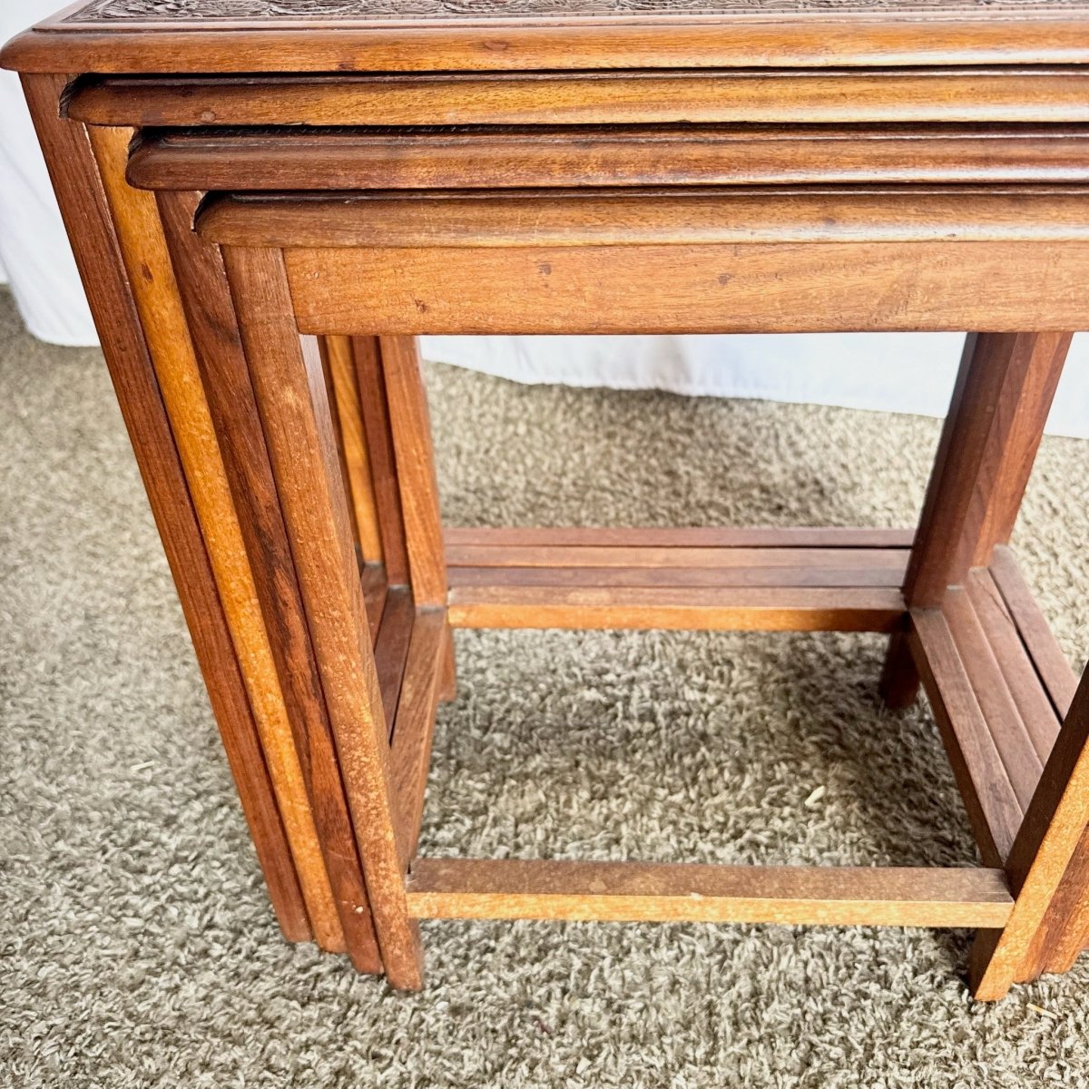 Vintage Indian Carved Hardwood Nesting Tables - Set of 4 - Dolphin & Flamingo