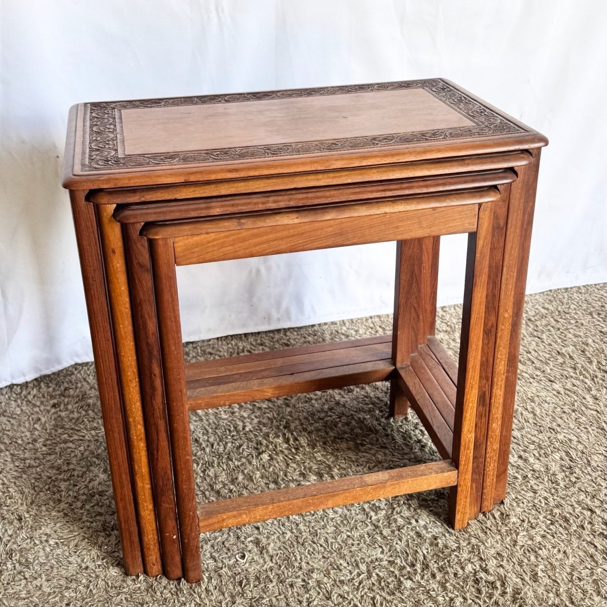 Vintage Indian Carved Hardwood Nesting Tables - Set of 4 - Dolphin & Flamingo