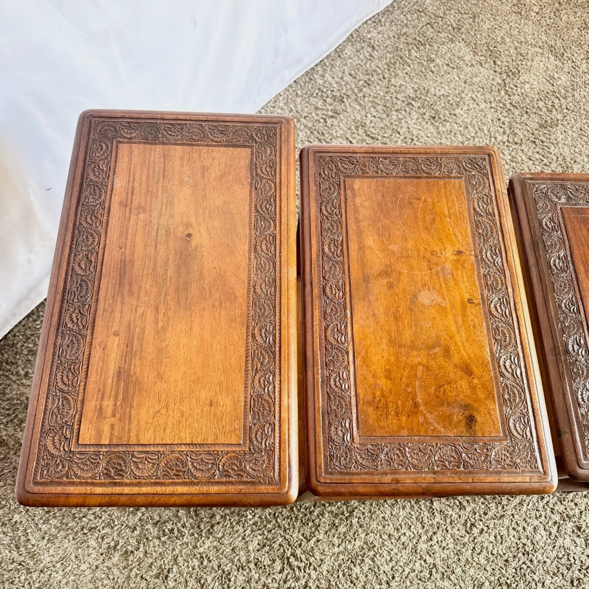 Vintage Indian Carved Hardwood Nesting Tables - Set of 4 - Dolphin & Flamingo