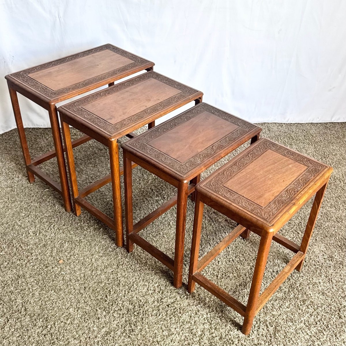Vintage Indian Carved Hardwood Nesting Tables - Set of 4 - Dolphin & Flamingo