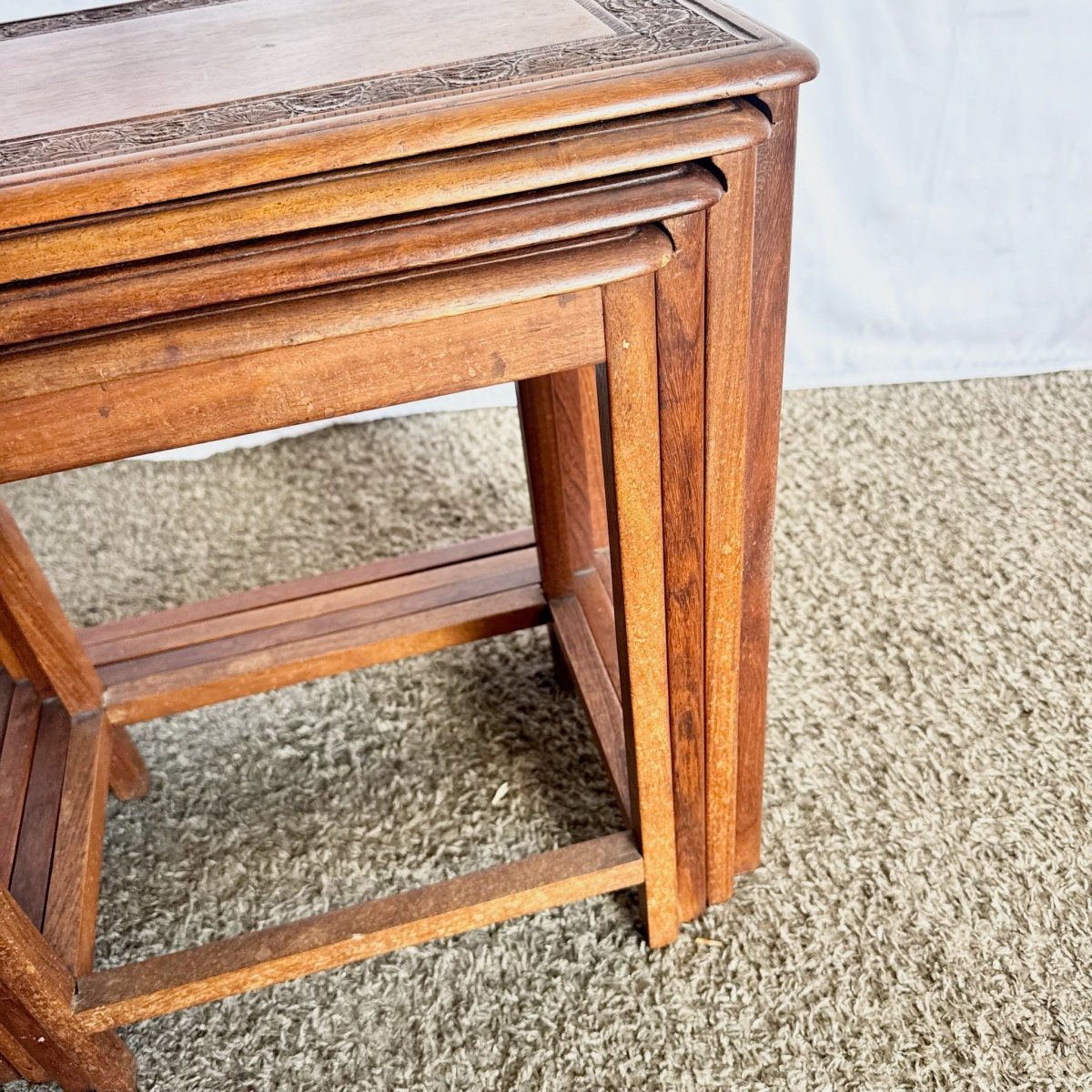 Vintage Indian Carved Hardwood Nesting Tables - Set of 4 - Dolphin & Flamingo