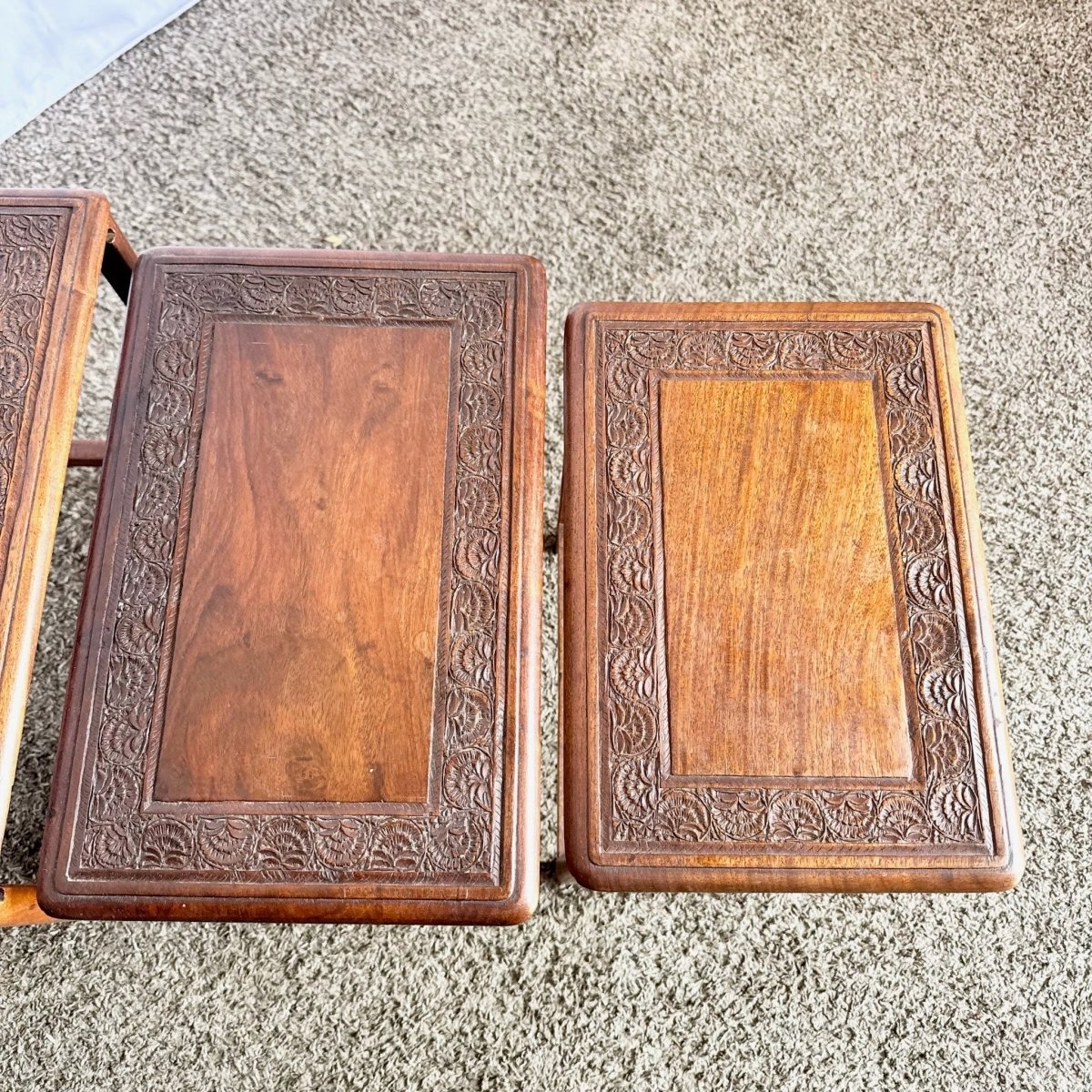 Vintage Indian Carved Hardwood Nesting Tables - Set of 4 - Dolphin & Flamingo