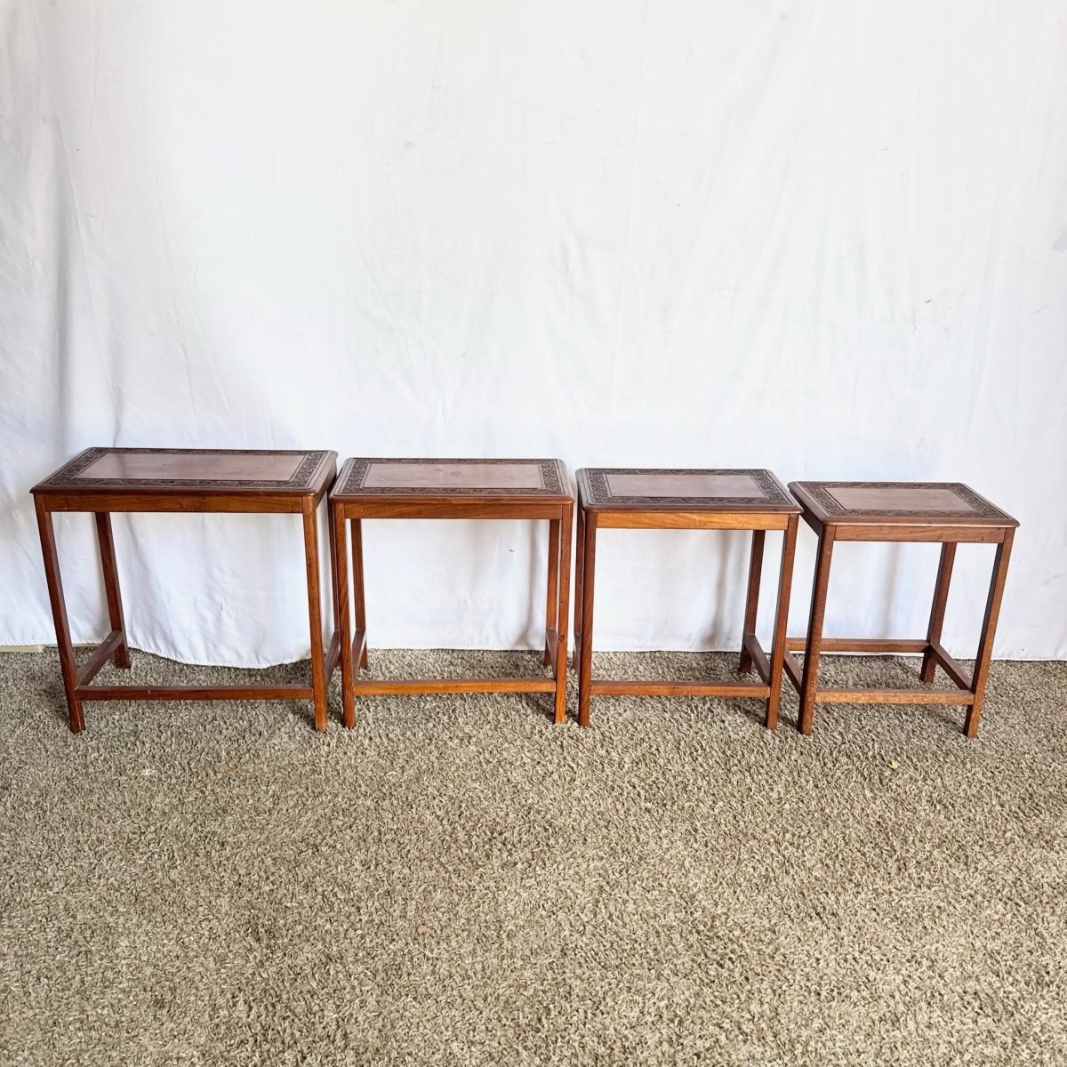 Vintage Indian Carved Hardwood Nesting Tables - Set of 4 - Dolphin & Flamingo