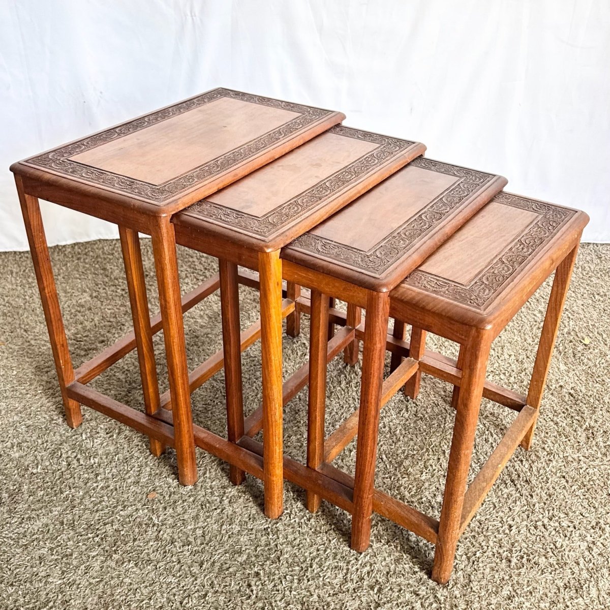 Vintage Indian Carved Hardwood Nesting Tables - Set of 4 - Dolphin & Flamingo